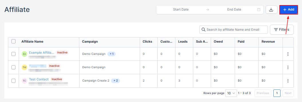 Add in the Affiliate Manager