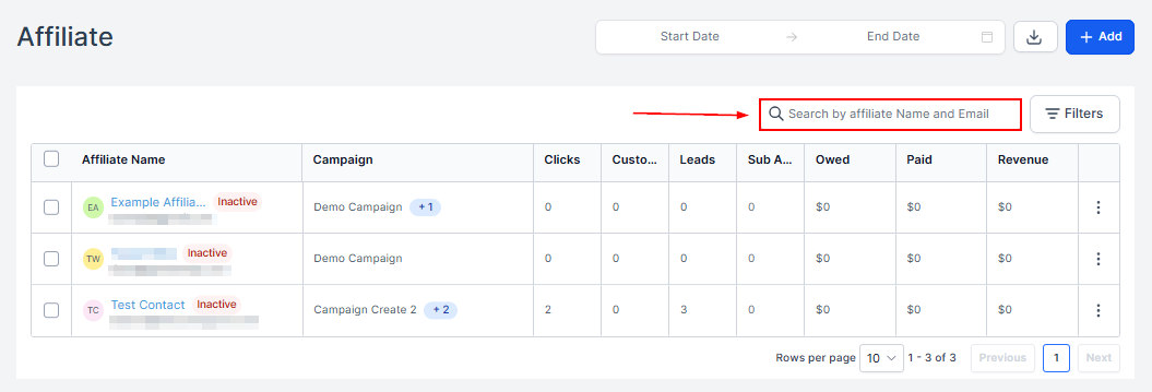 Search in the Affiliate Manager