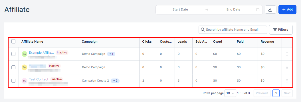 Affiliate Table in the Affiliate Manager