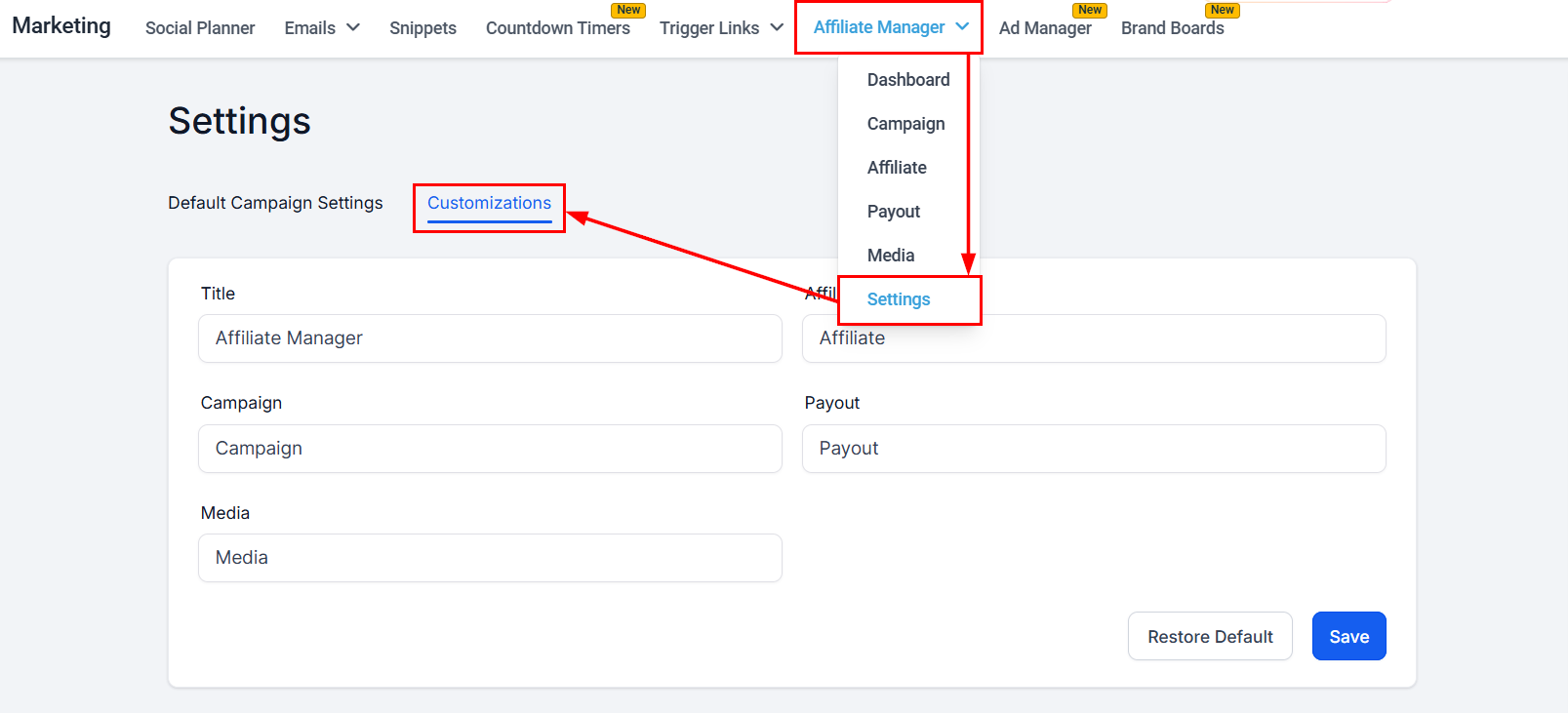 Navigate to Customizations in the Affiliate Manager