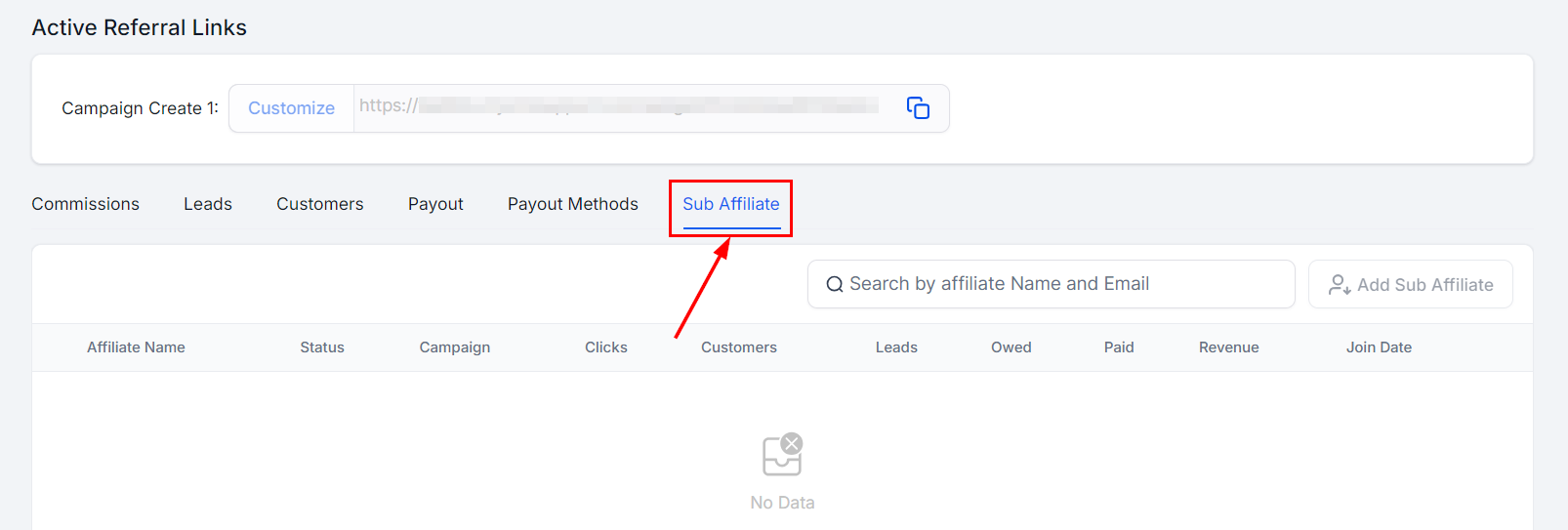 Finding the Sub-Affiliate Tab in the Affiliate Manager