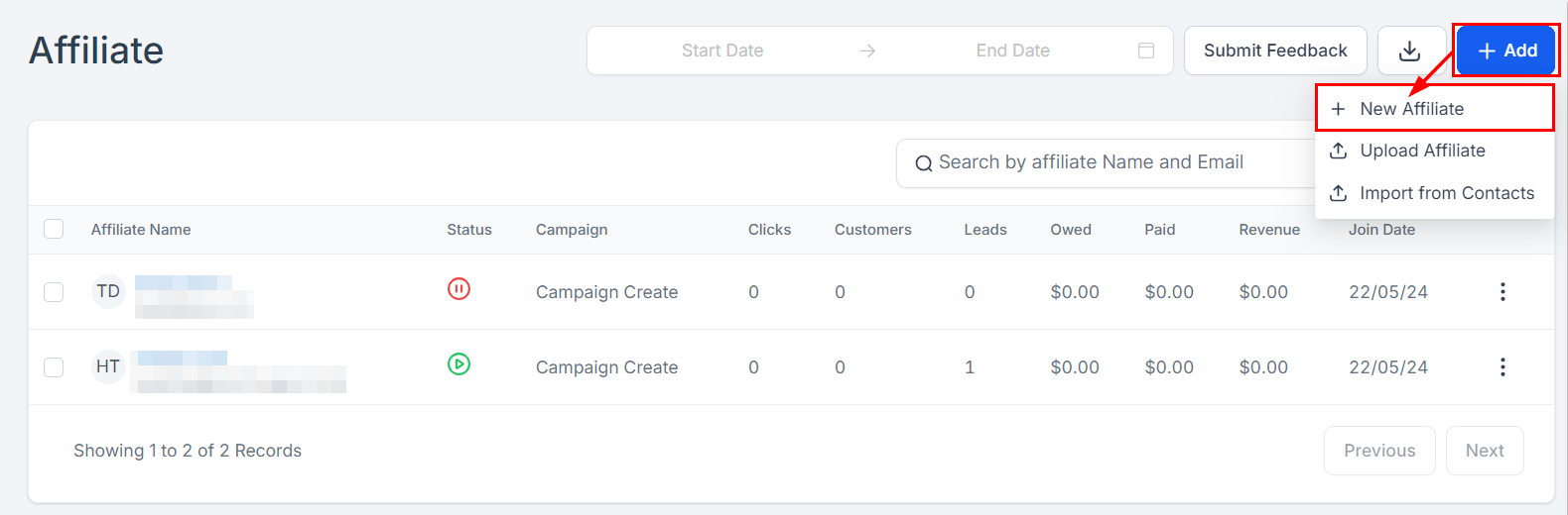 Adding an Affiliate Individually in the Affiliate Manager