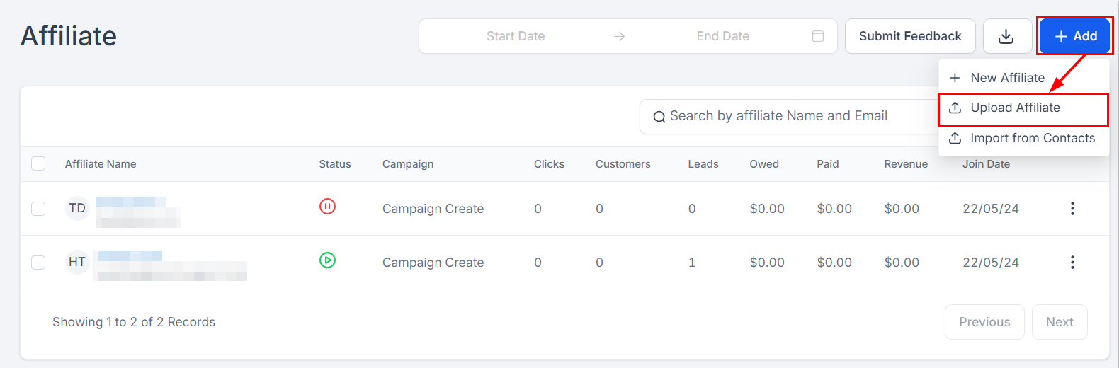 Uploading an Affiliate List in the Affiliate Manager