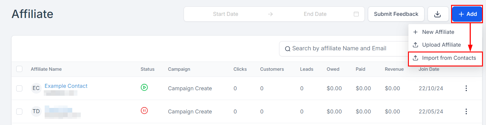 Importing Affiliates from Contacts in the Affiliate Manager