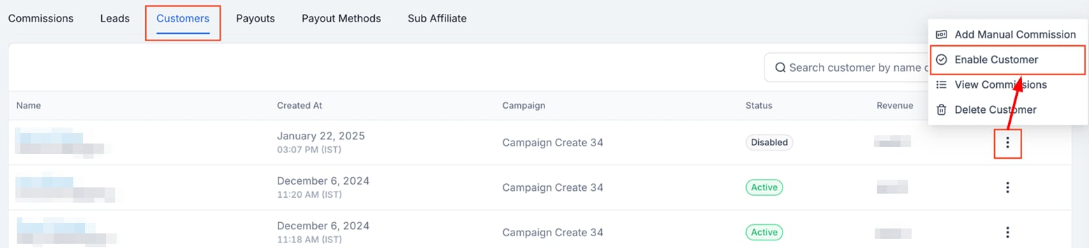 Disabling/Enabling a Customer in the Affiliate Manager
