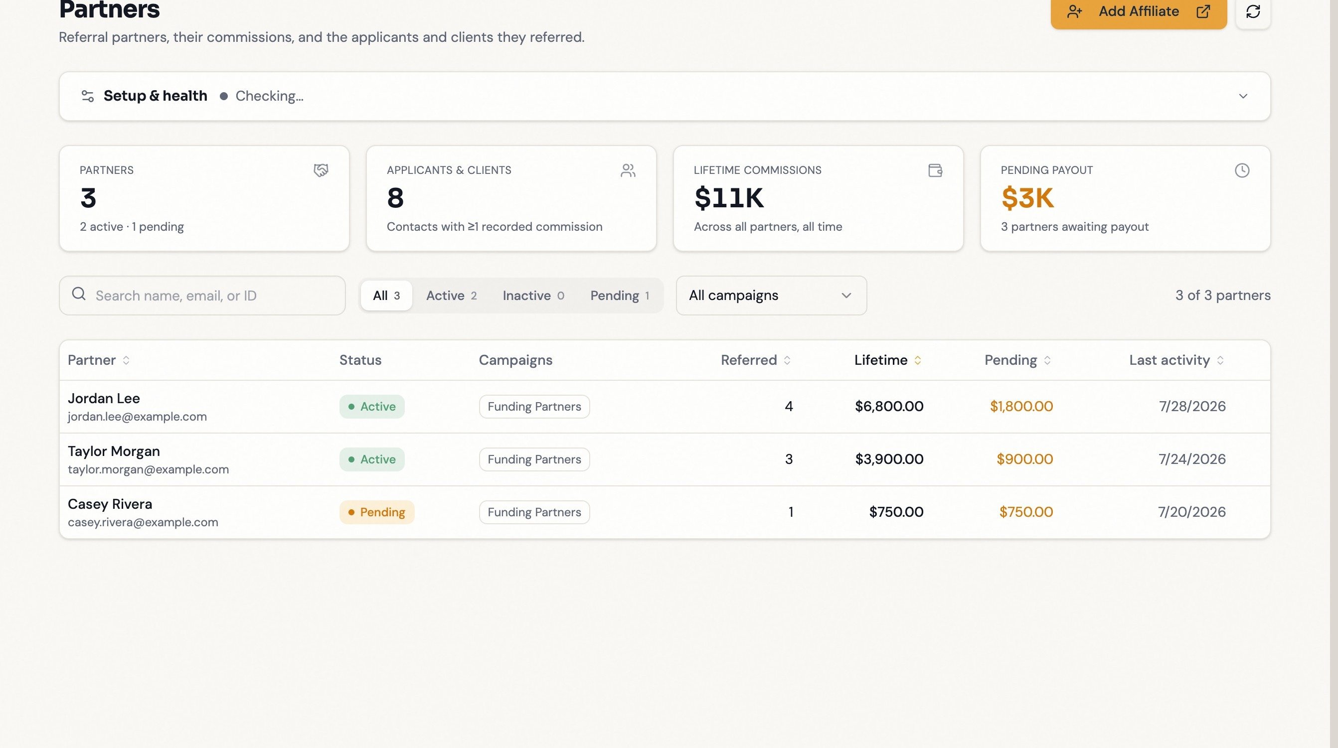 The Partners workspace with account totals and the partner table