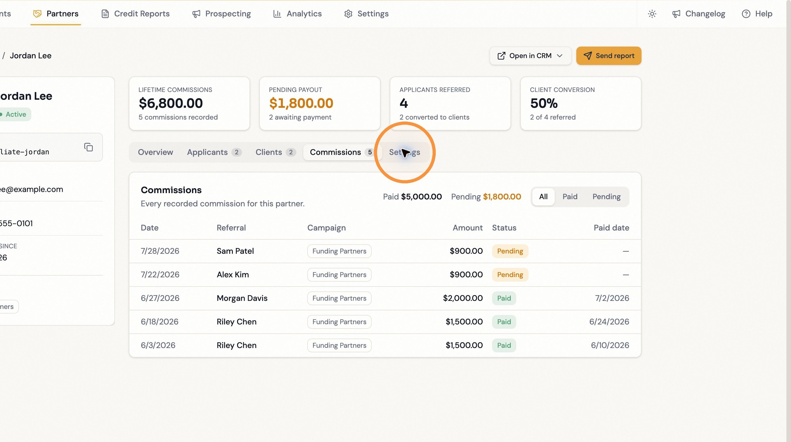 Opening the Settings tab on a partner record