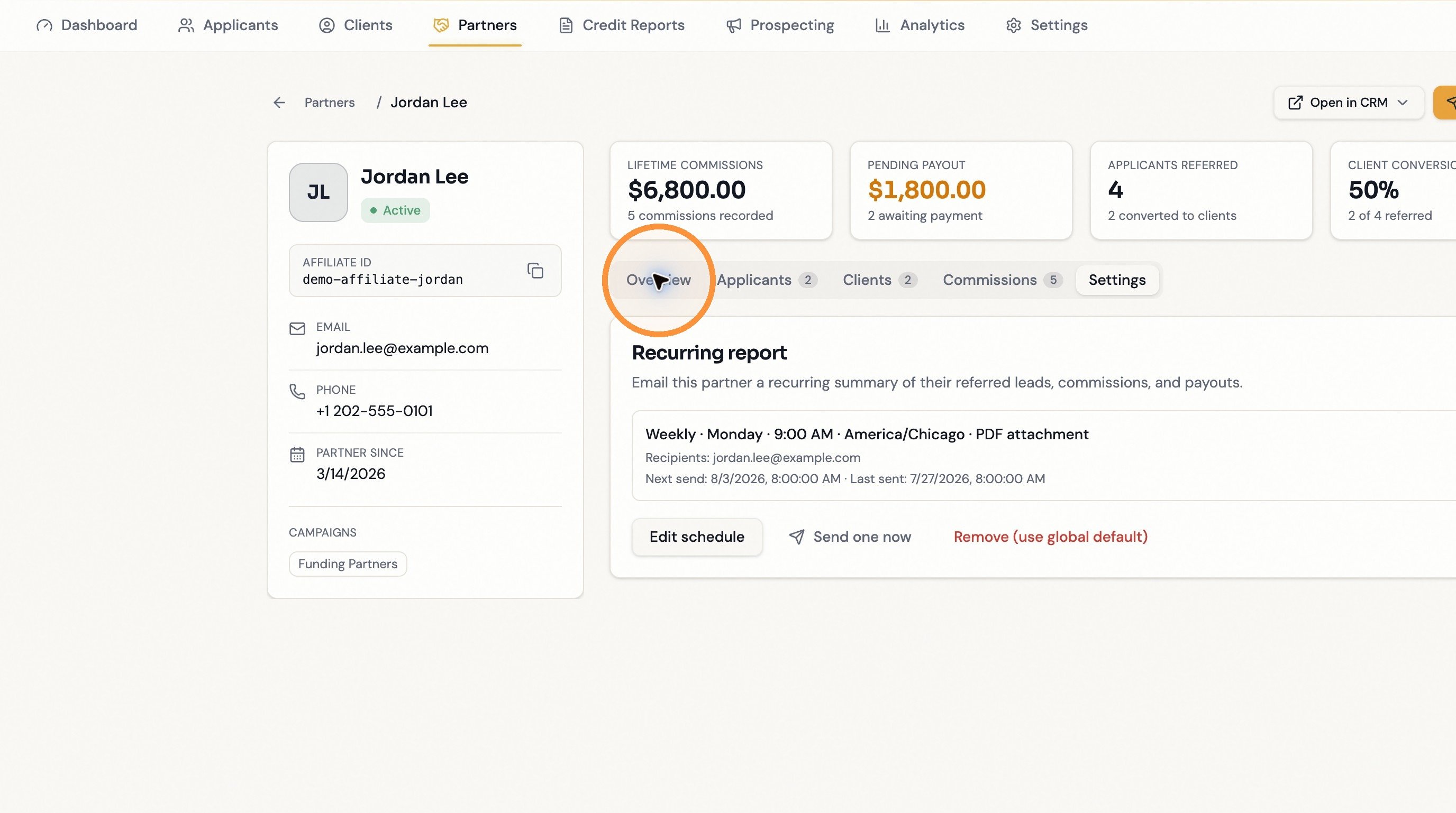 Returning to the Overview tab on a partner record