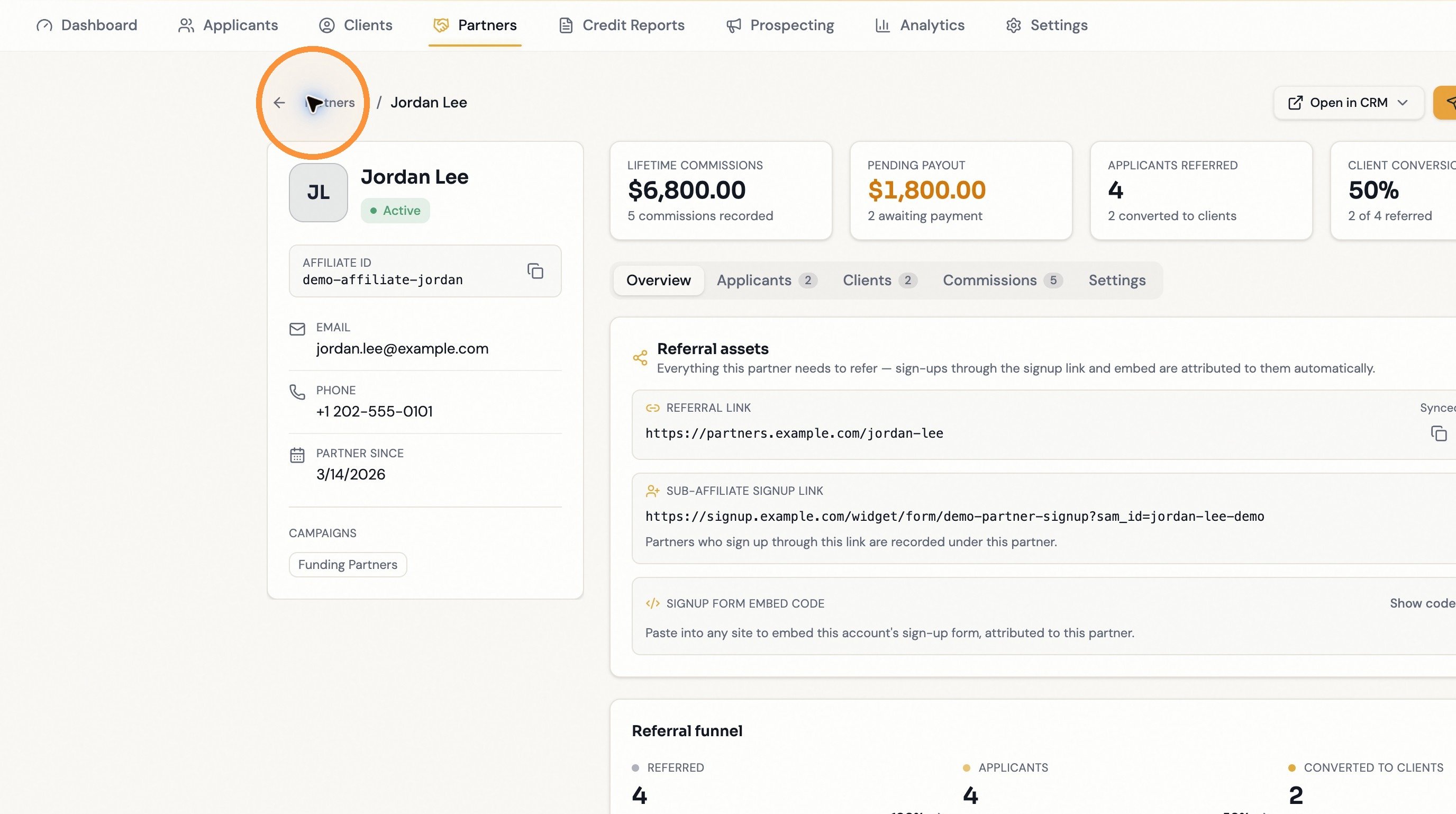 Selecting the Partners breadcrumb to return to the partner list