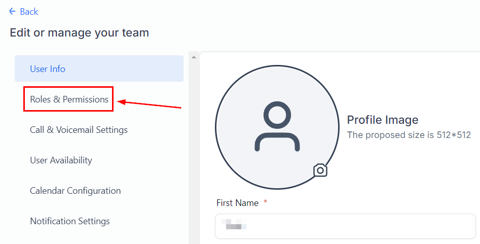 CRM user editor with Roles and Permissions highlighted
