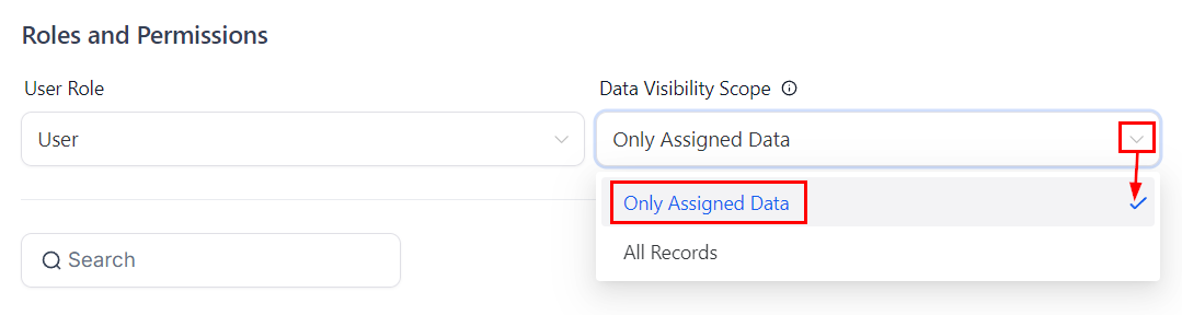 CRM Data Visibility Scope dropdown with Only Assigned Data selected