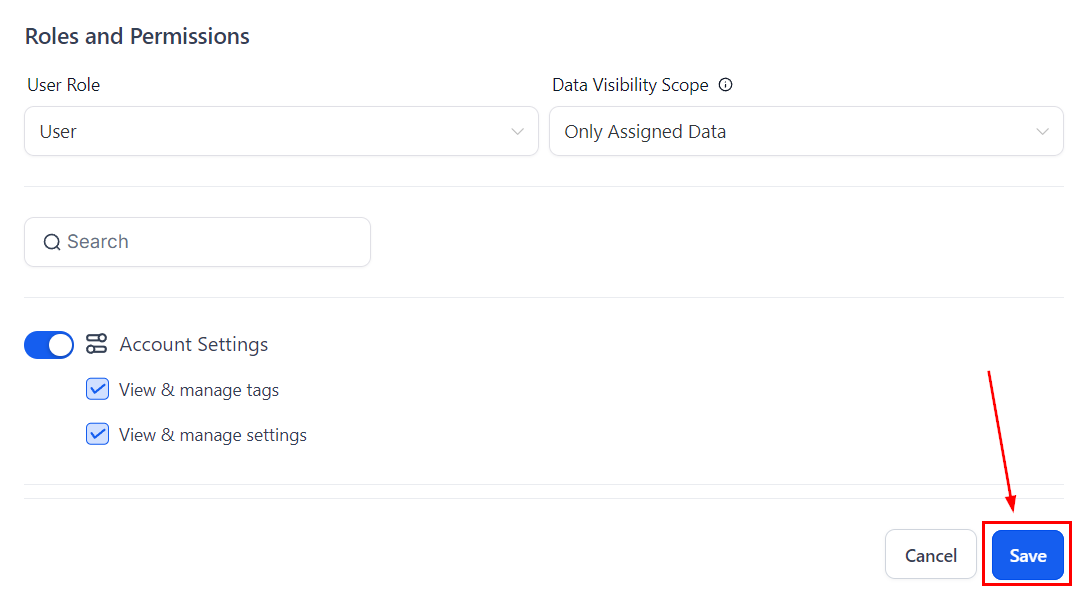 CRM Roles and Permissions with Only Assigned Data set and Save highlighted