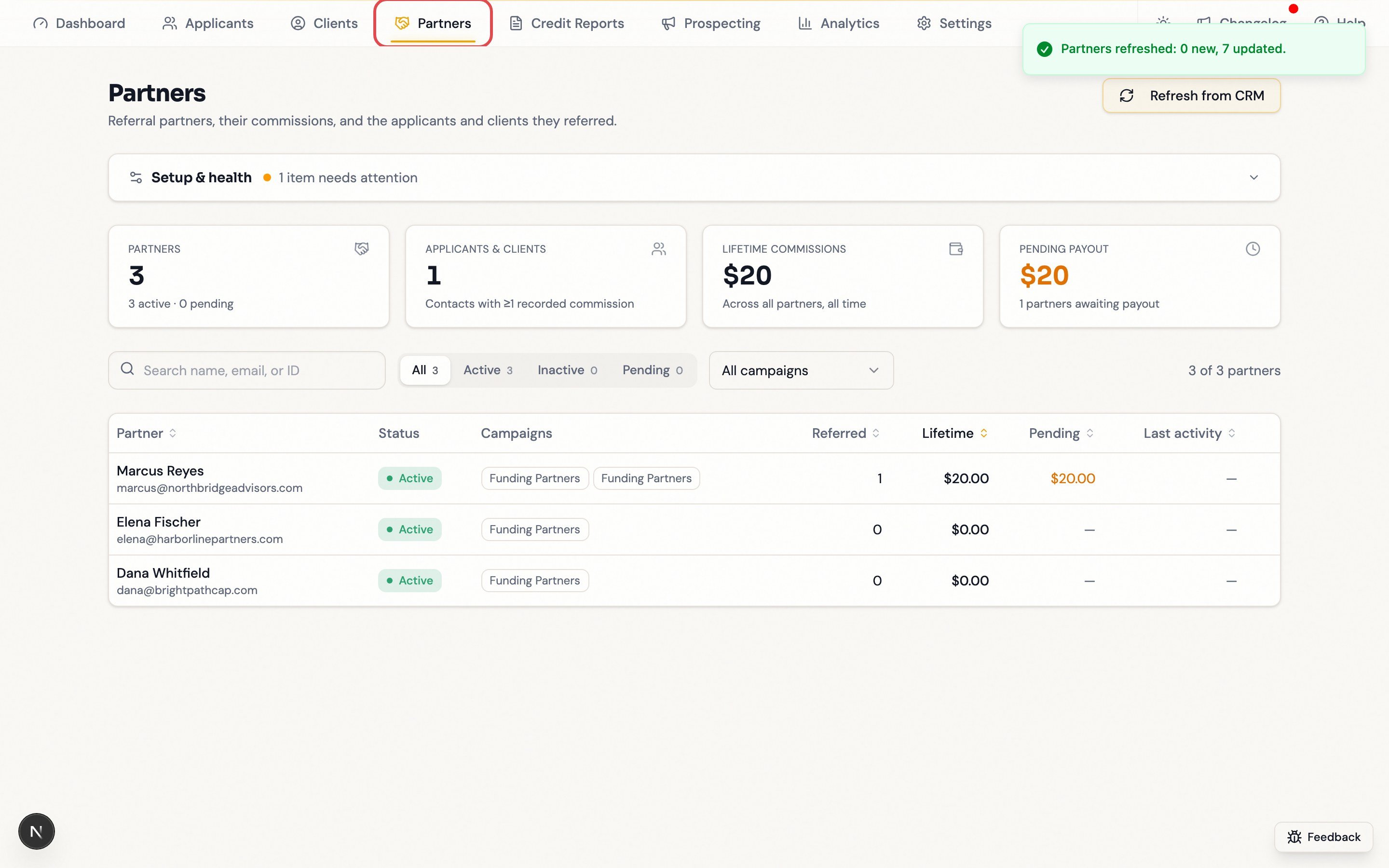The Partners workspace with account totals and the partner table