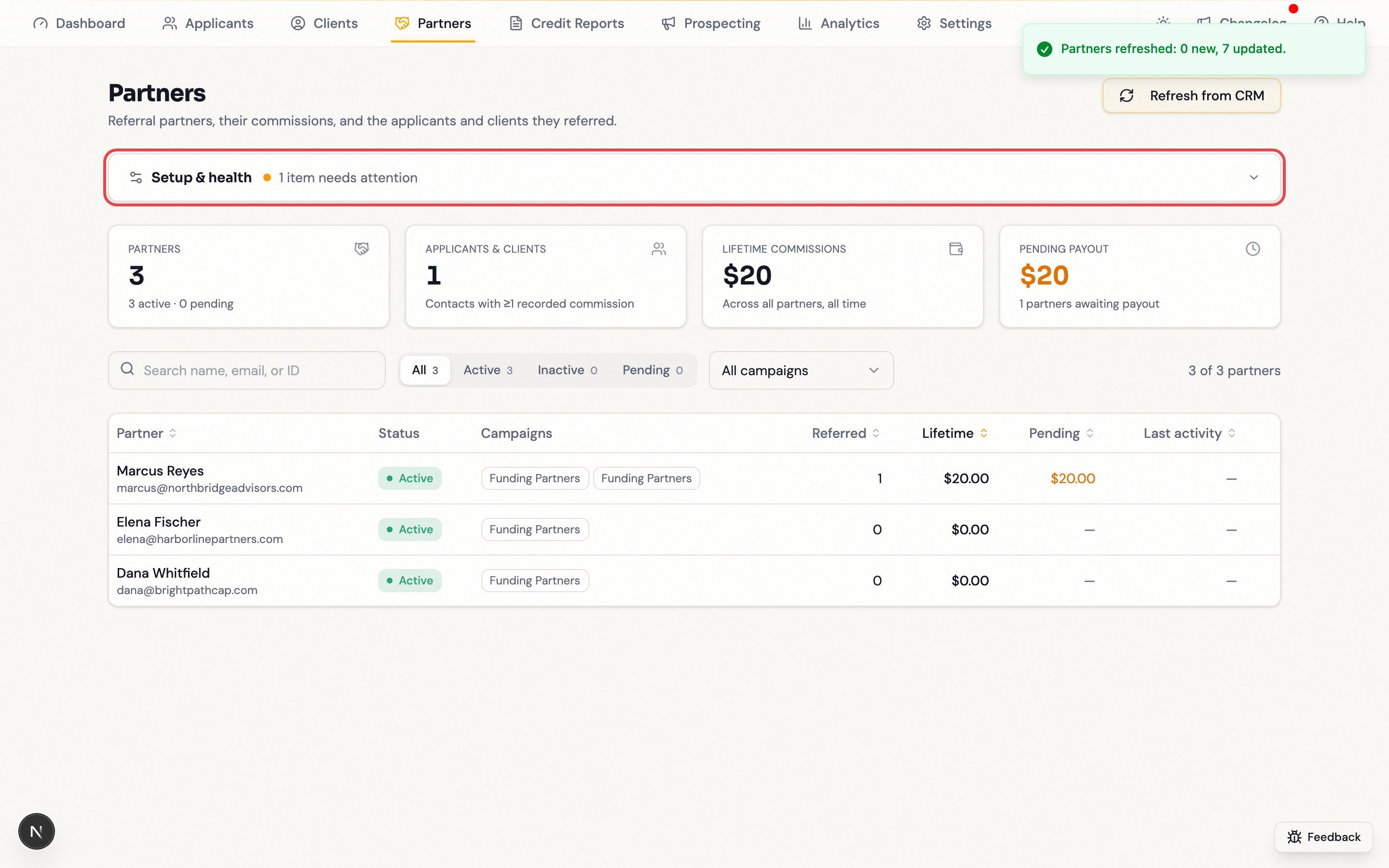 The Partners page header above the collapsed setup row