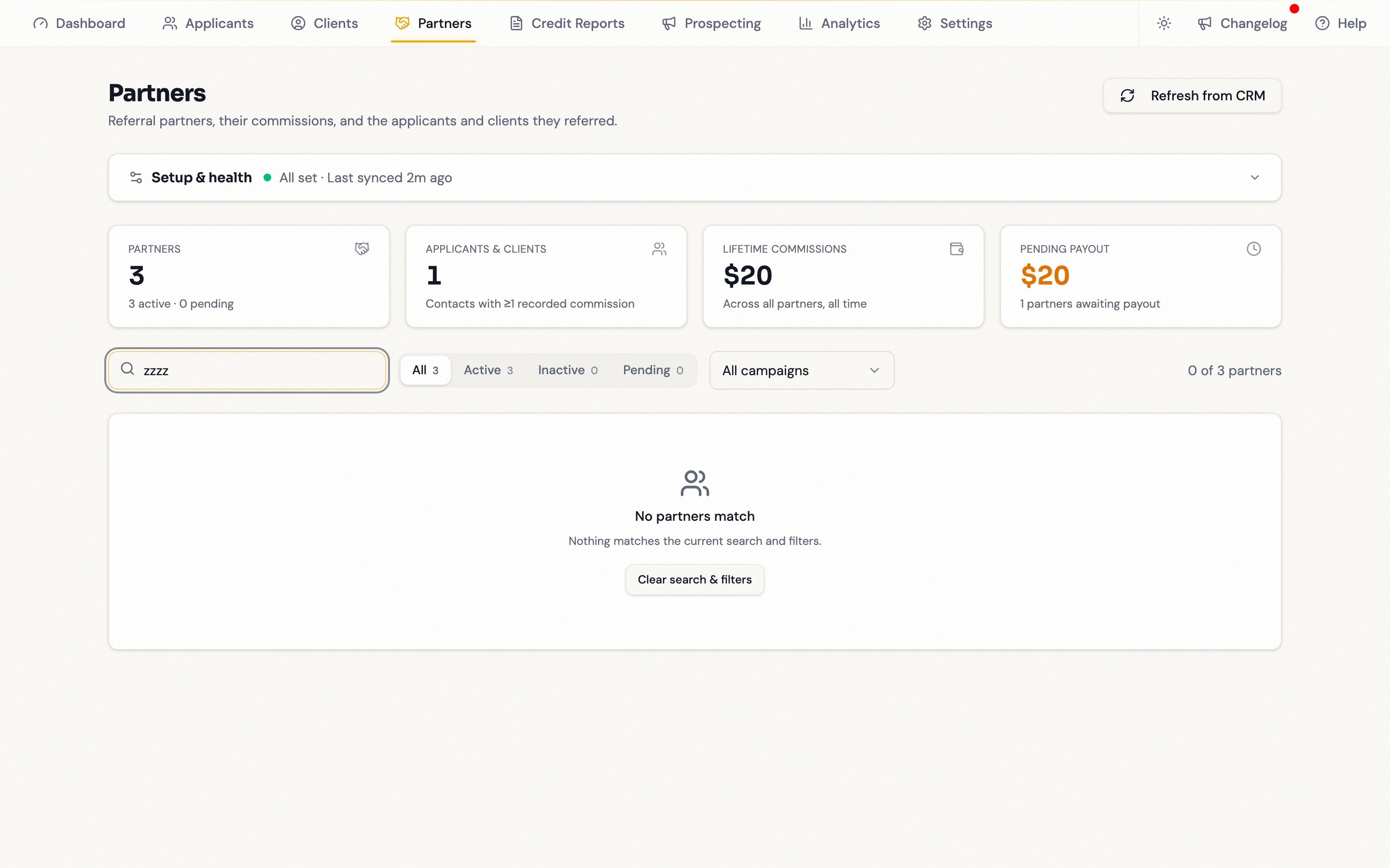 Empty partner table with a Clear search and filters button