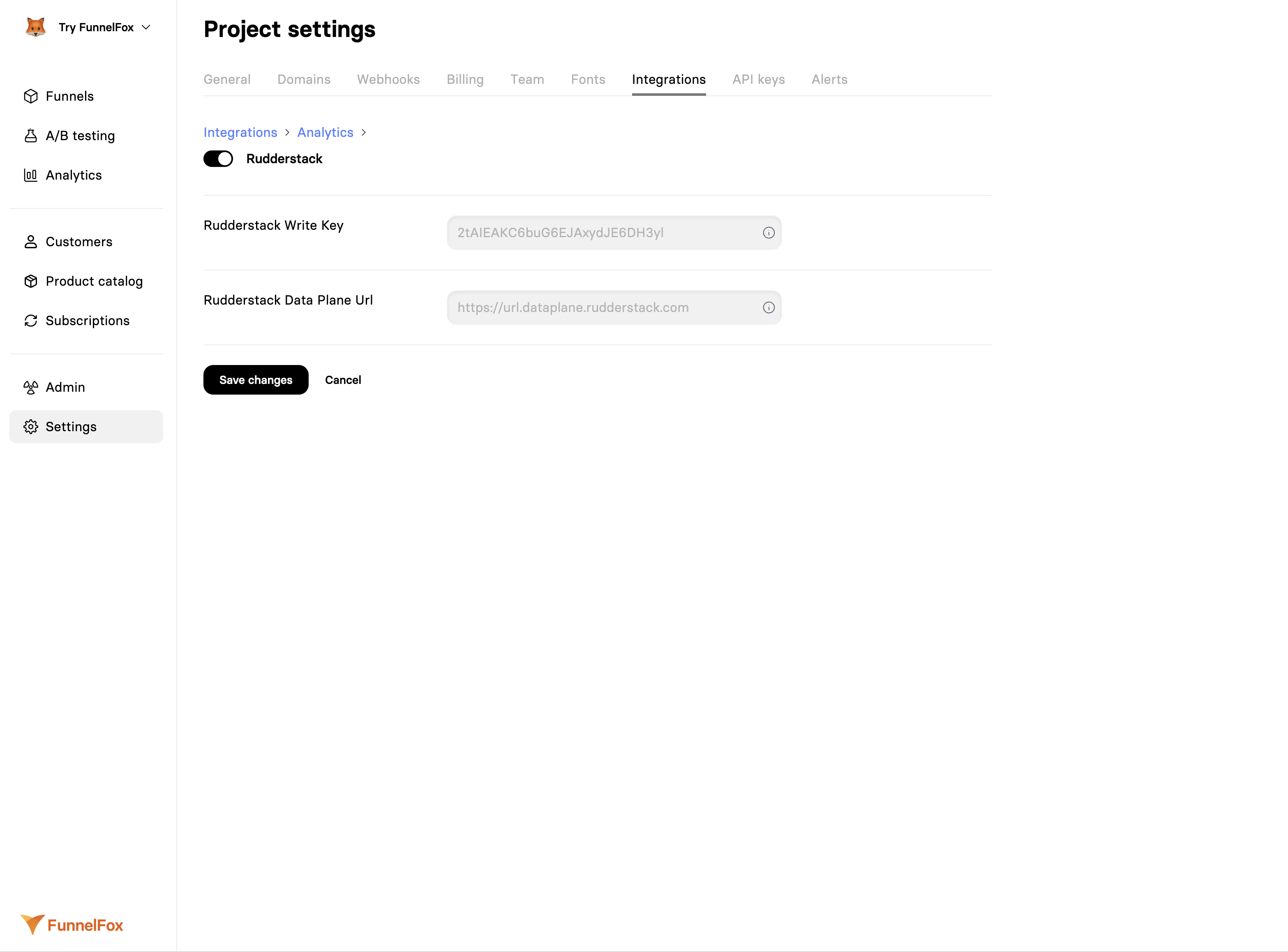 RudderStack integration settings