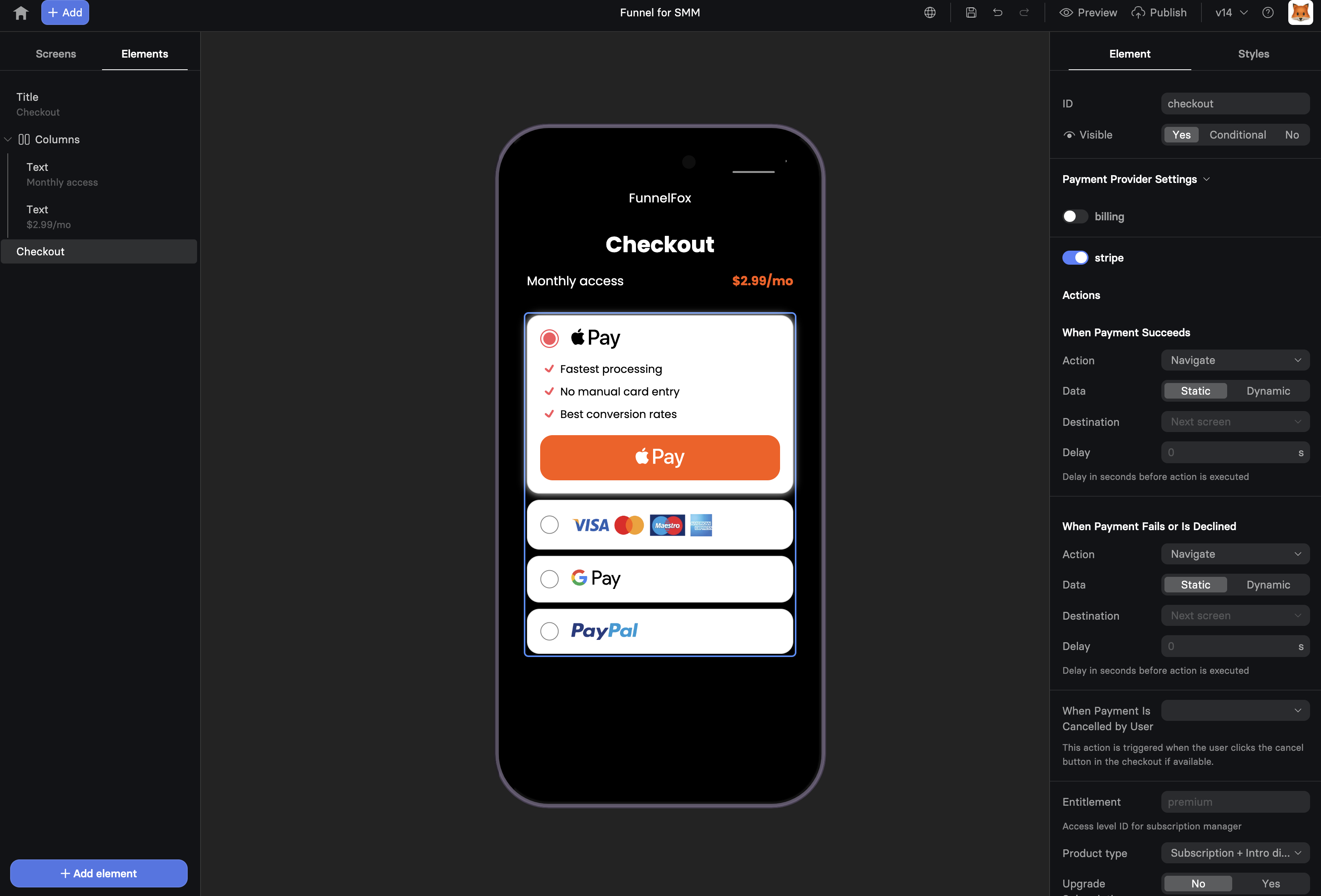 Checkout element configuration