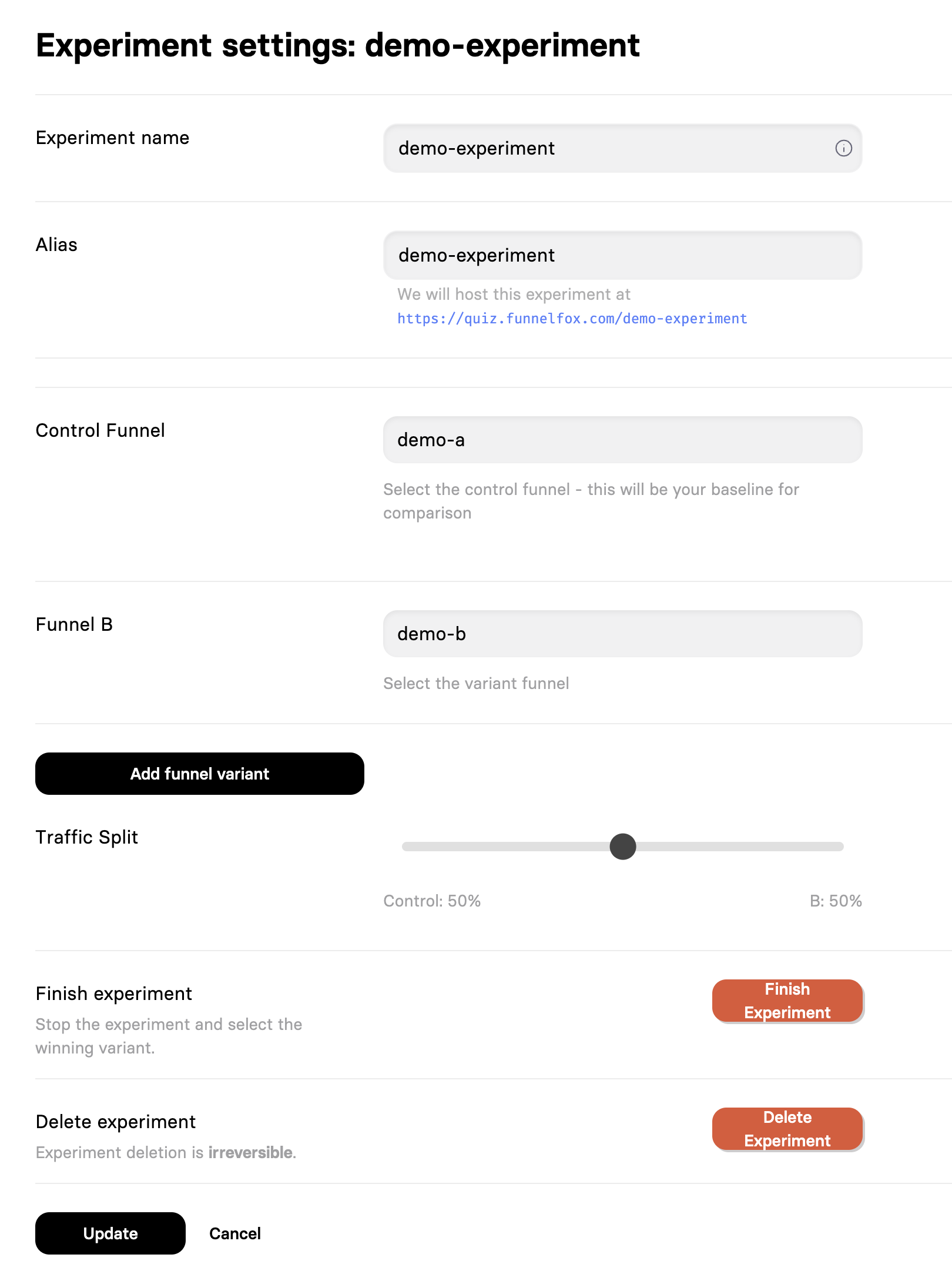 Experiment settings page