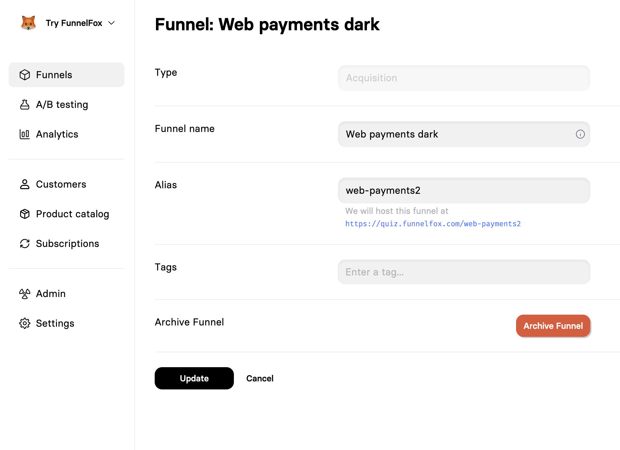 Funnel editor interface