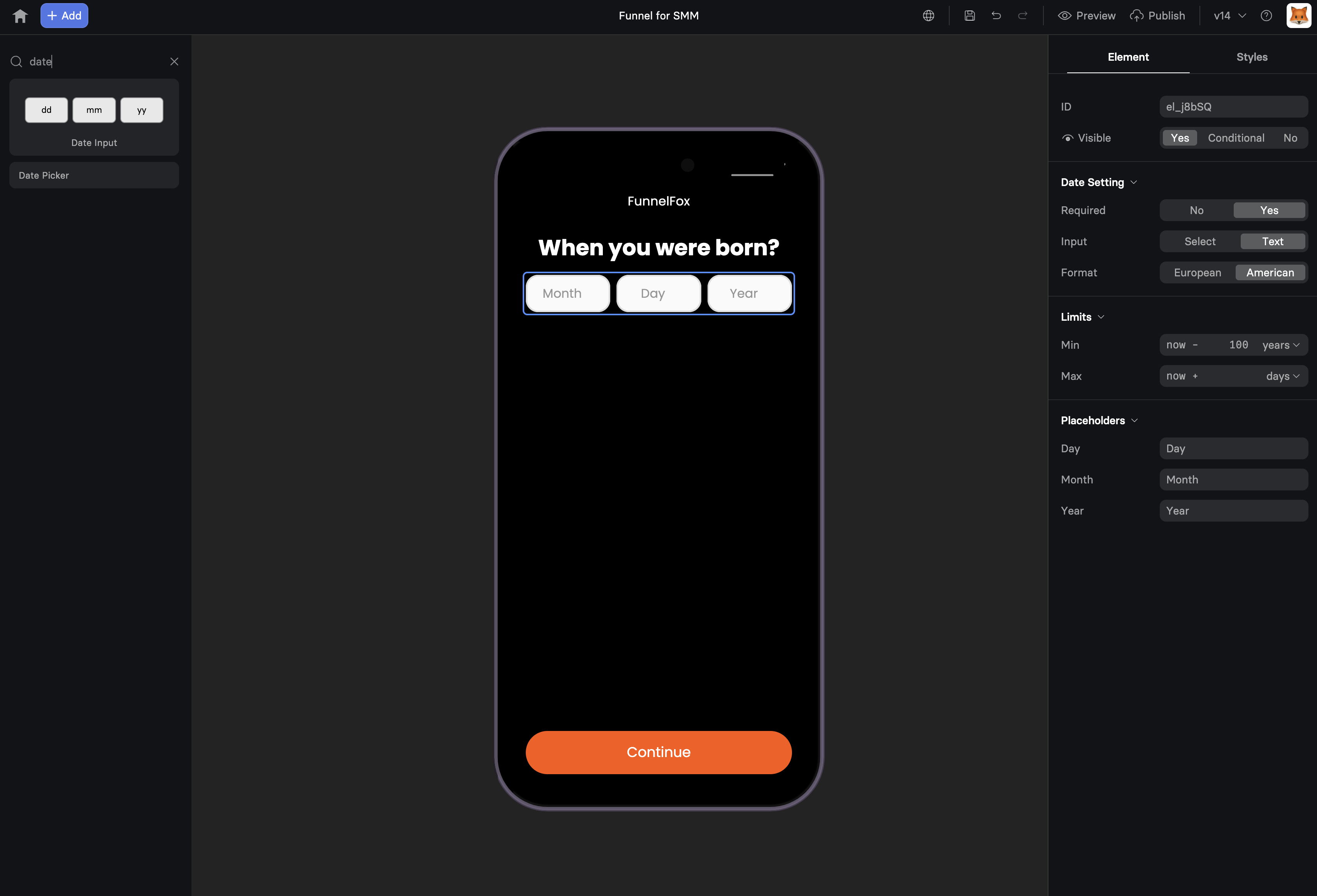 Date Picker element configuration