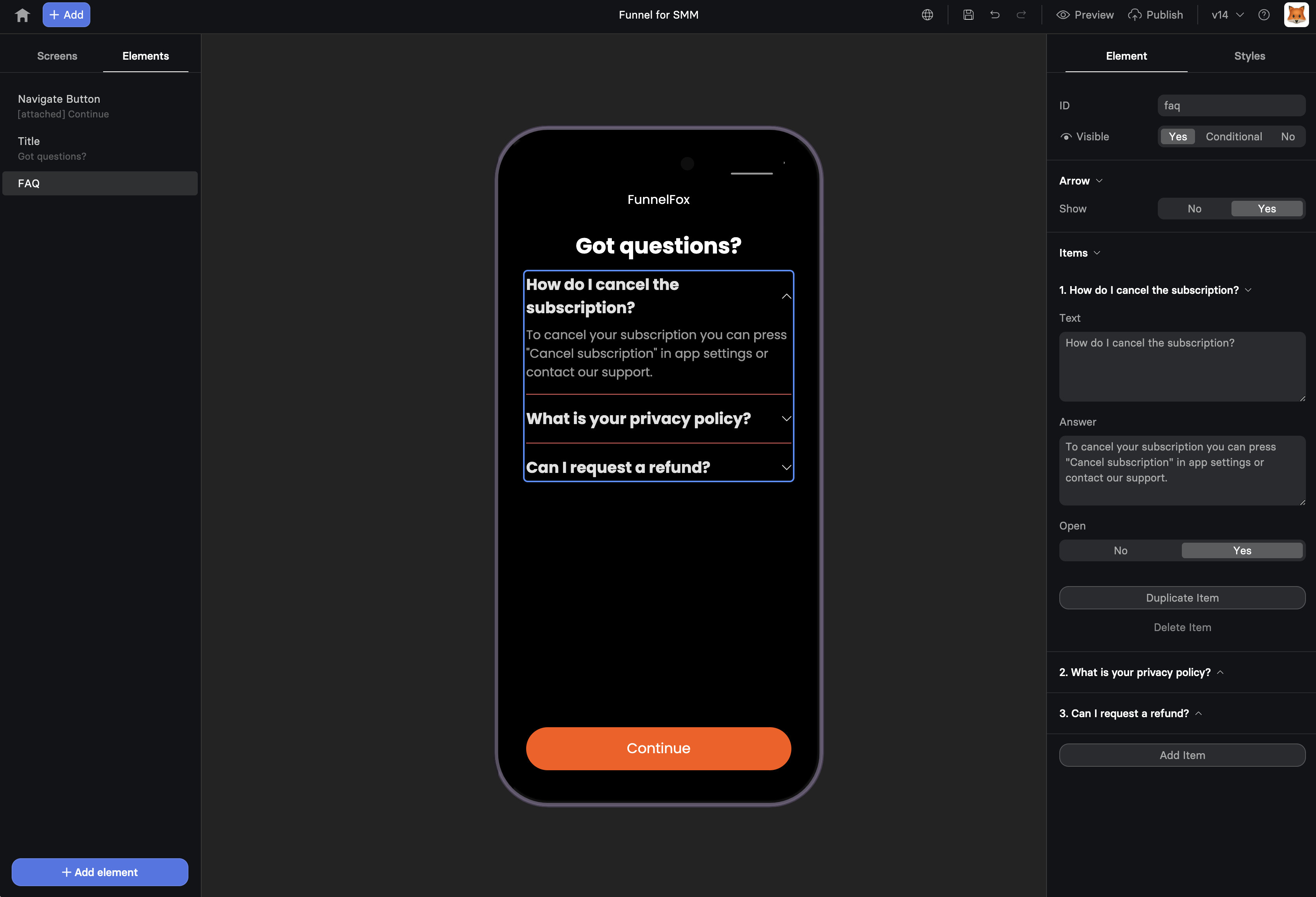 FAQ element configuration