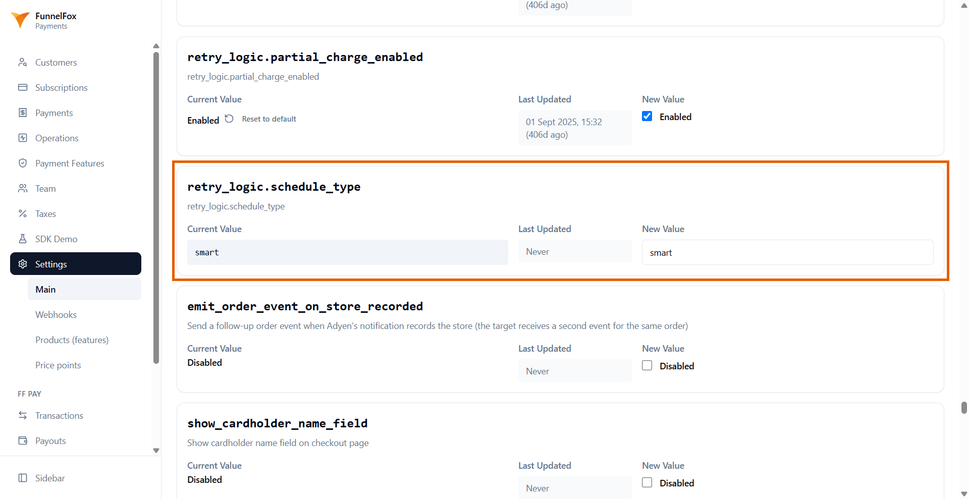 Retry schedule settings in FunnelFox Payments dashboard