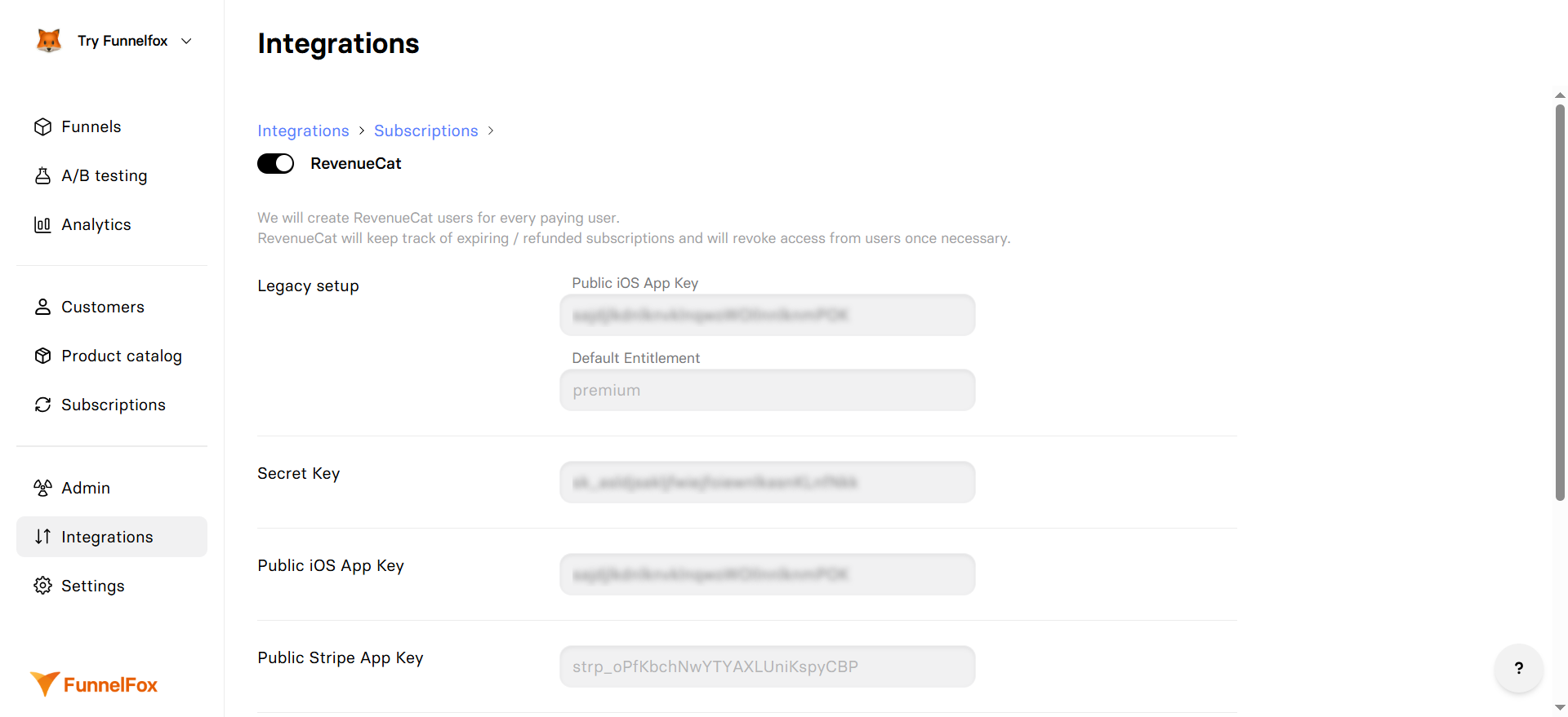 RevenueCat integration settings