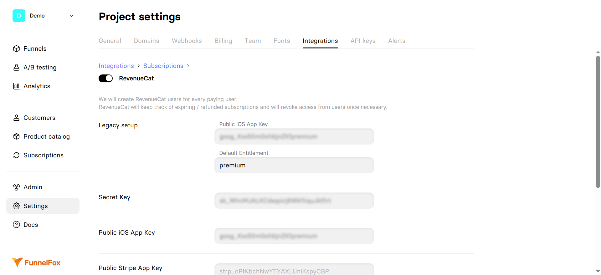 RevenueCat integration settings