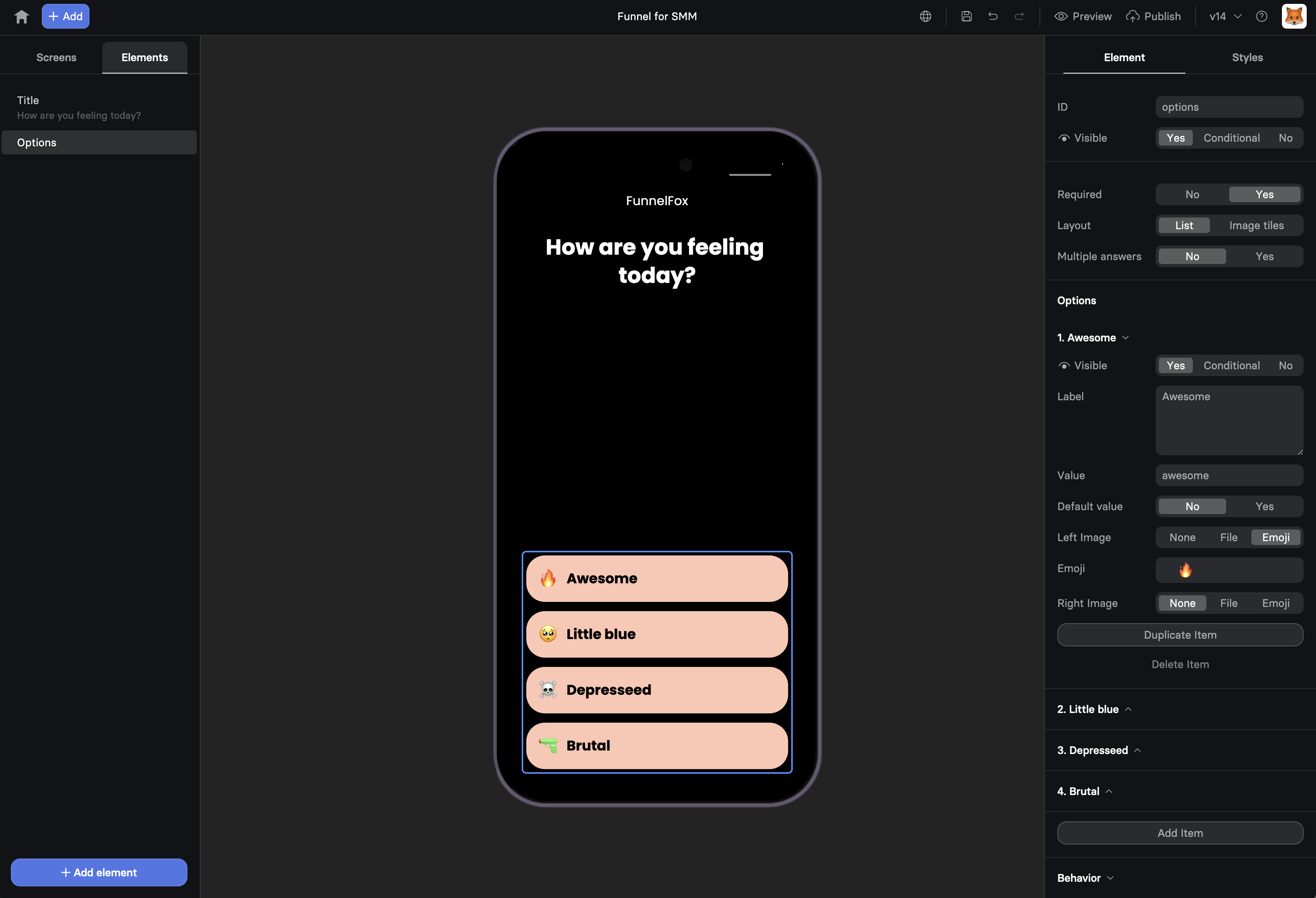 Options element configuration