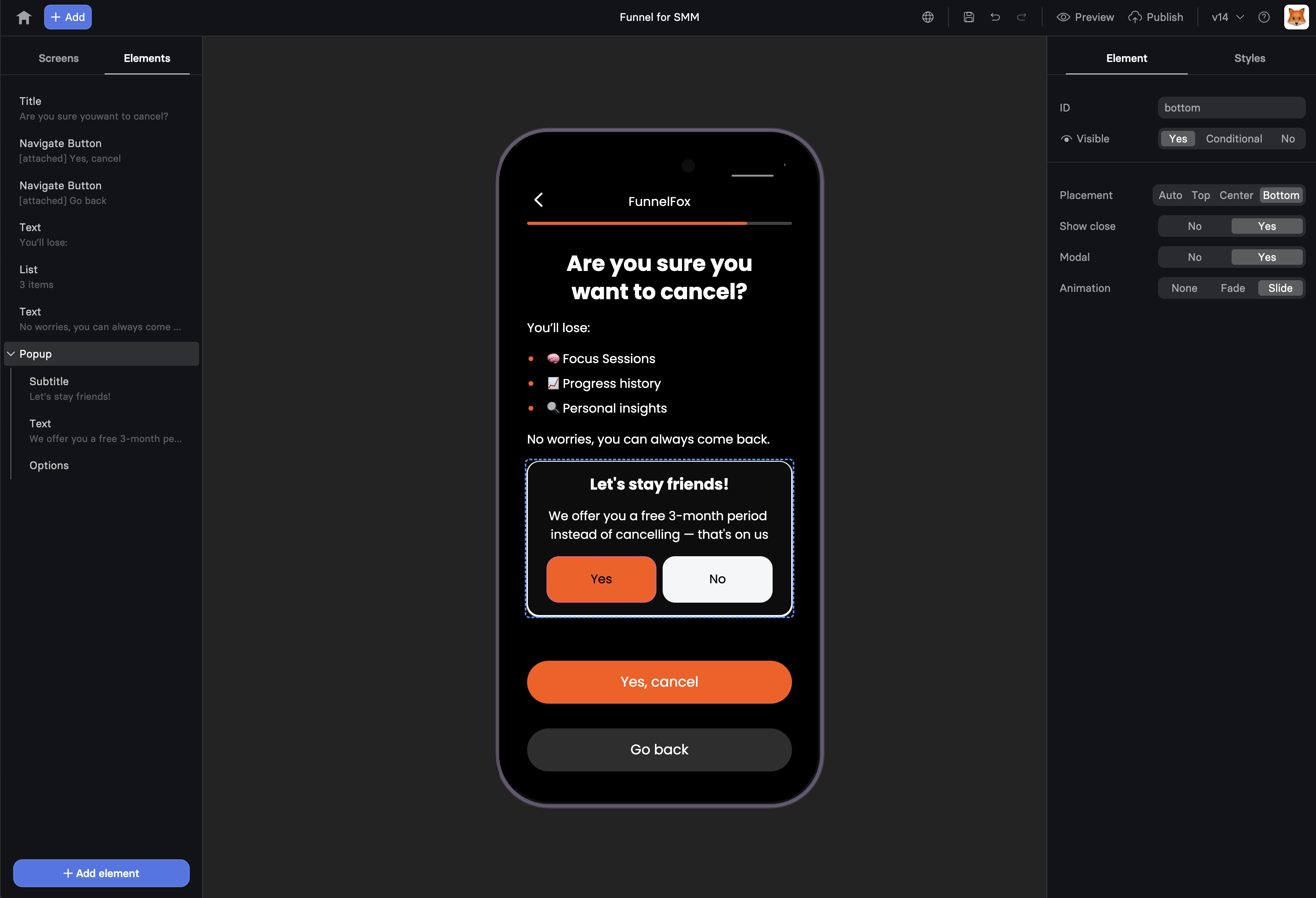 Popup element configuration