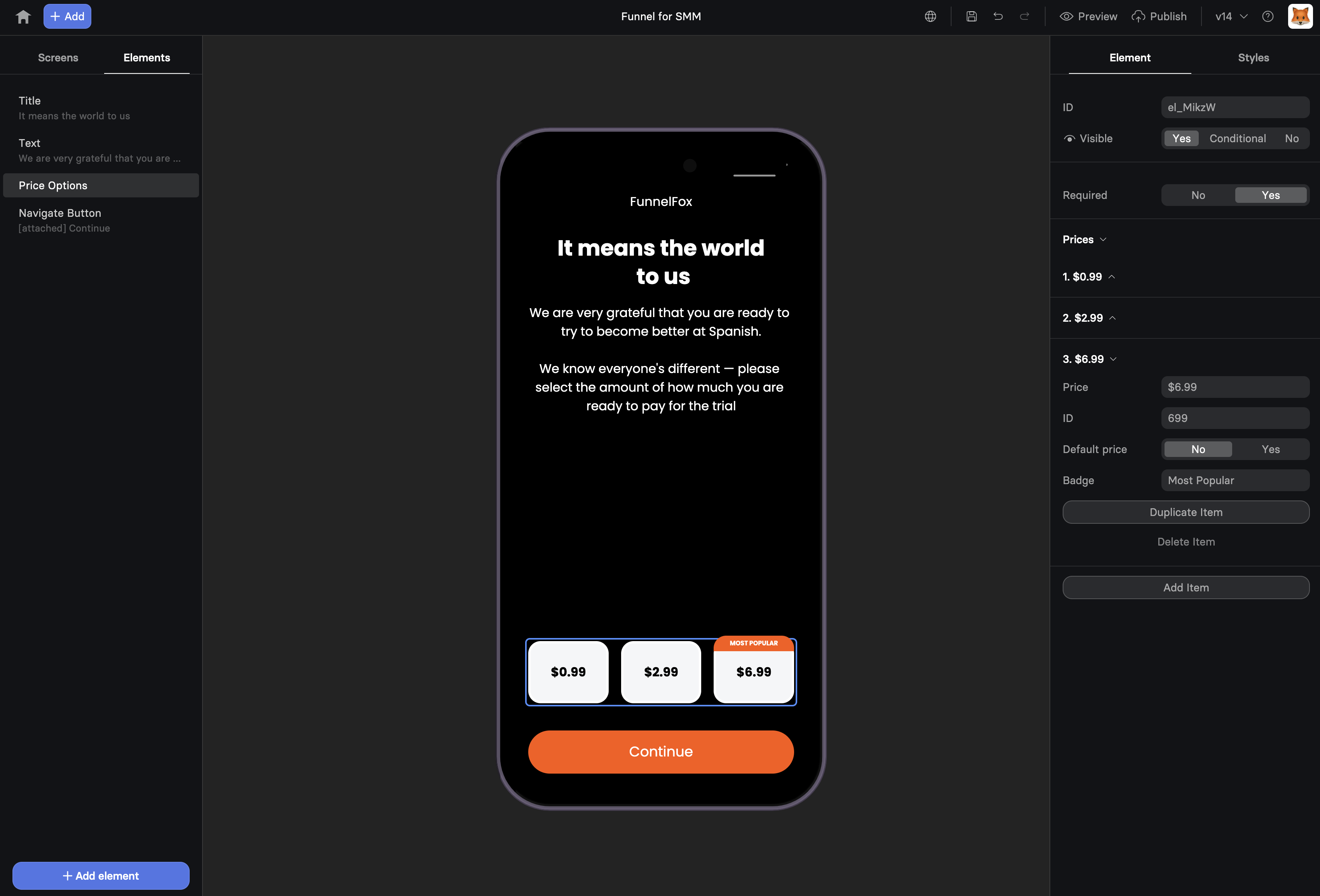 Price Picker element configuration