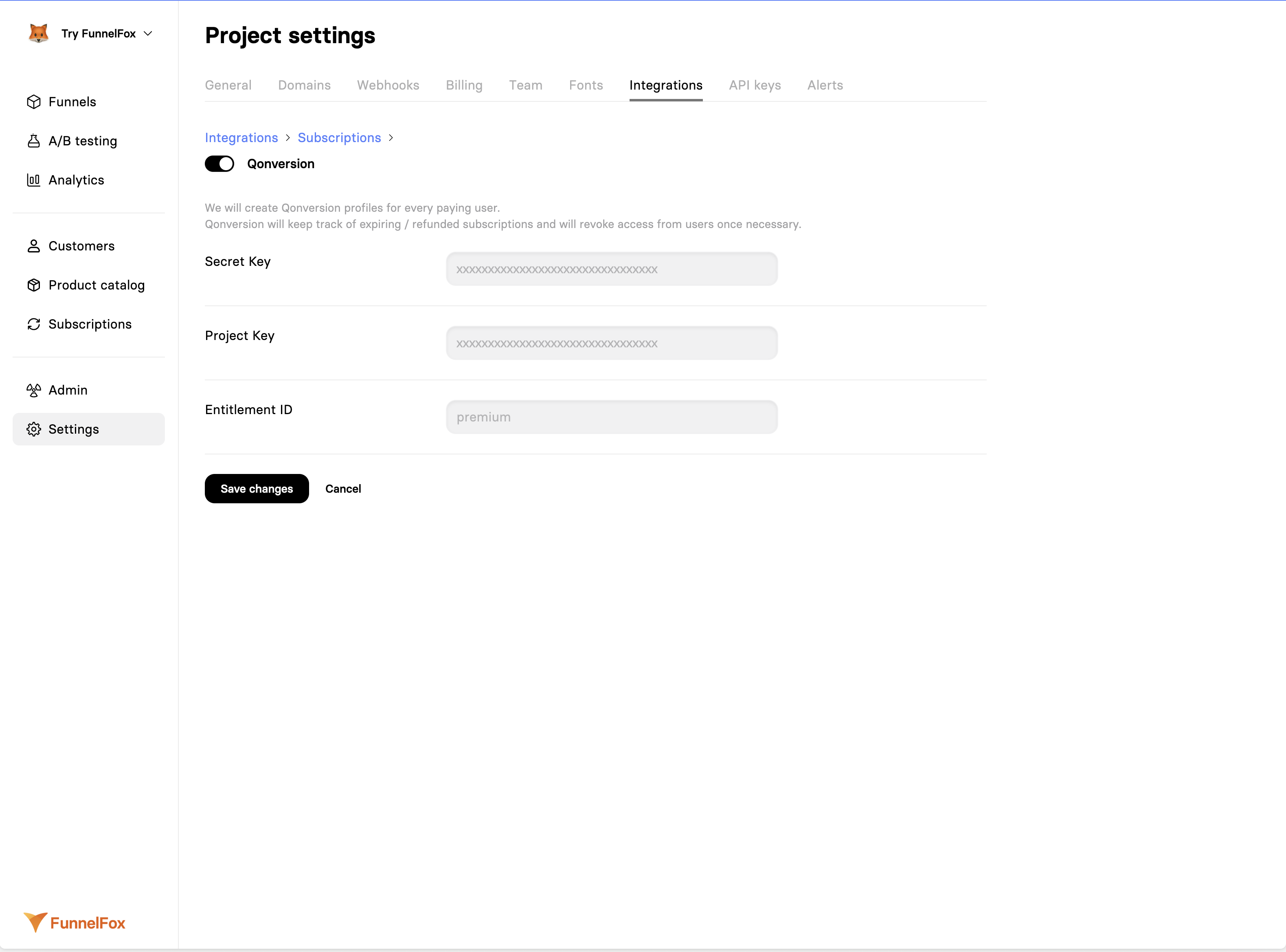 Qonversion integration settings