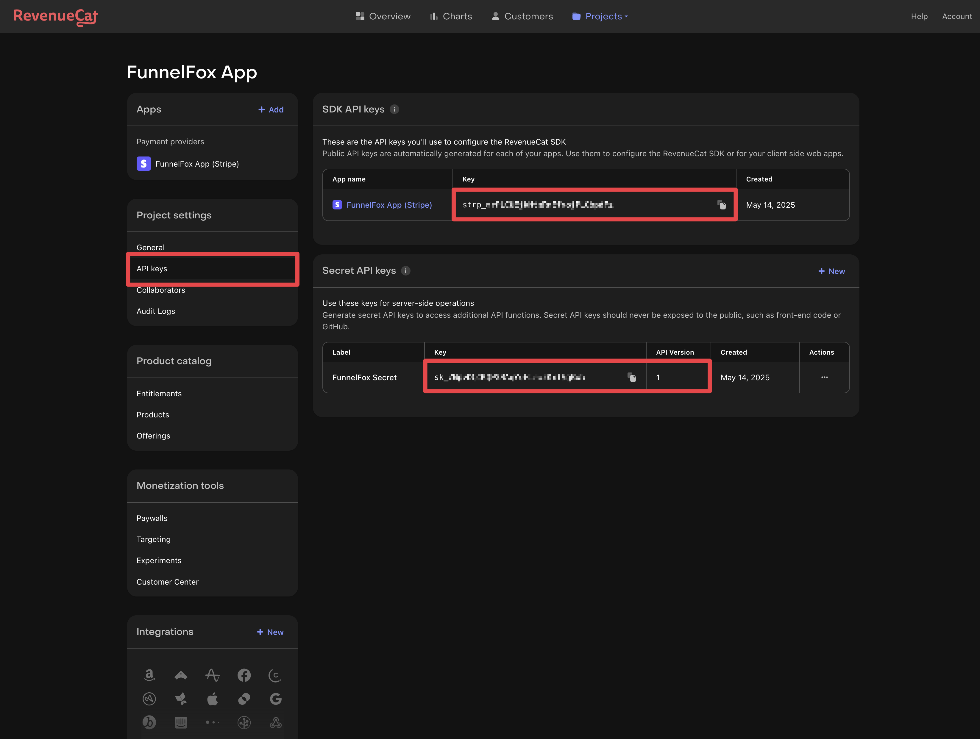 RevenueCat API keys settings