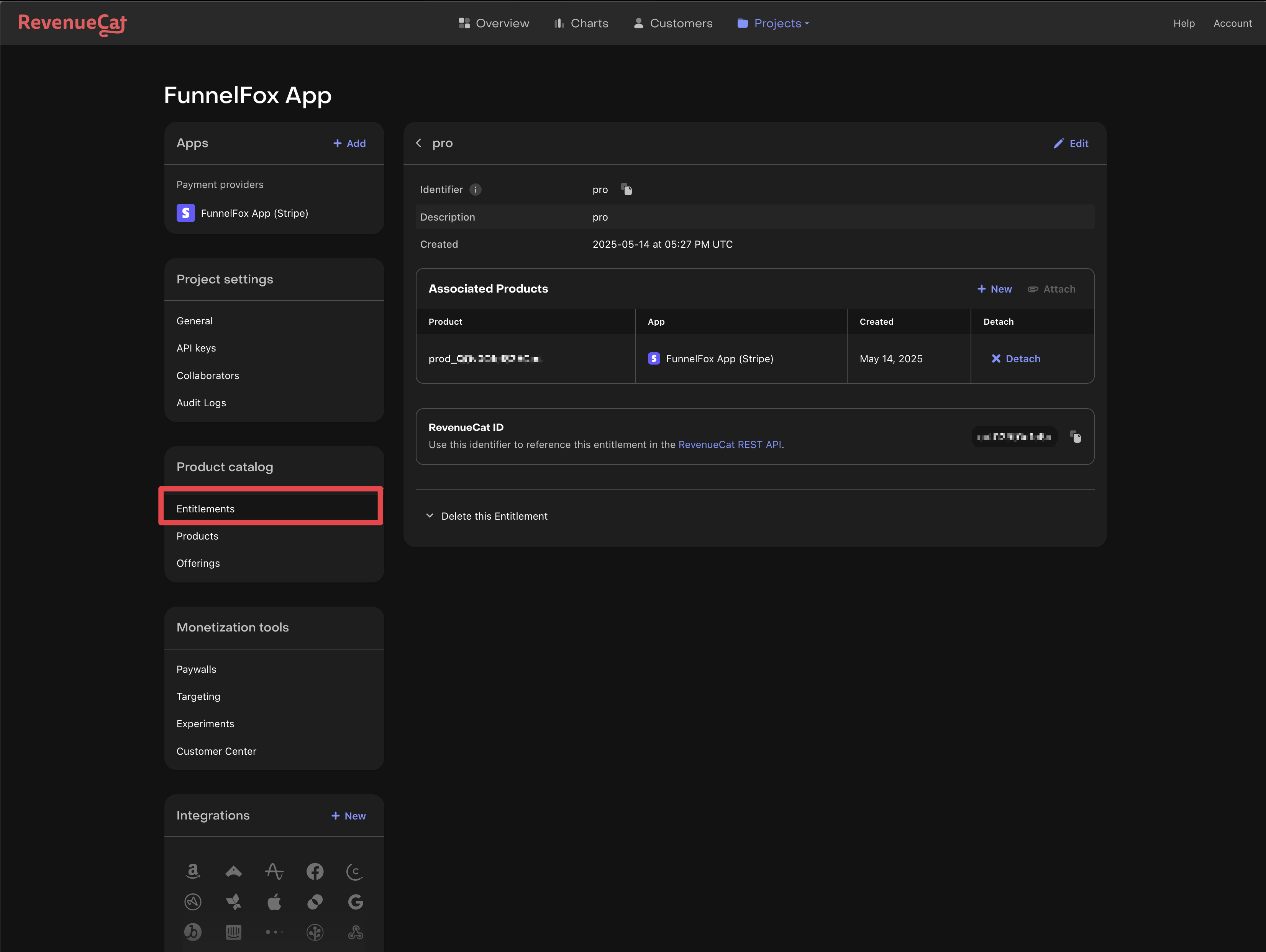 Example pro entitlement mapped to a Stripe product