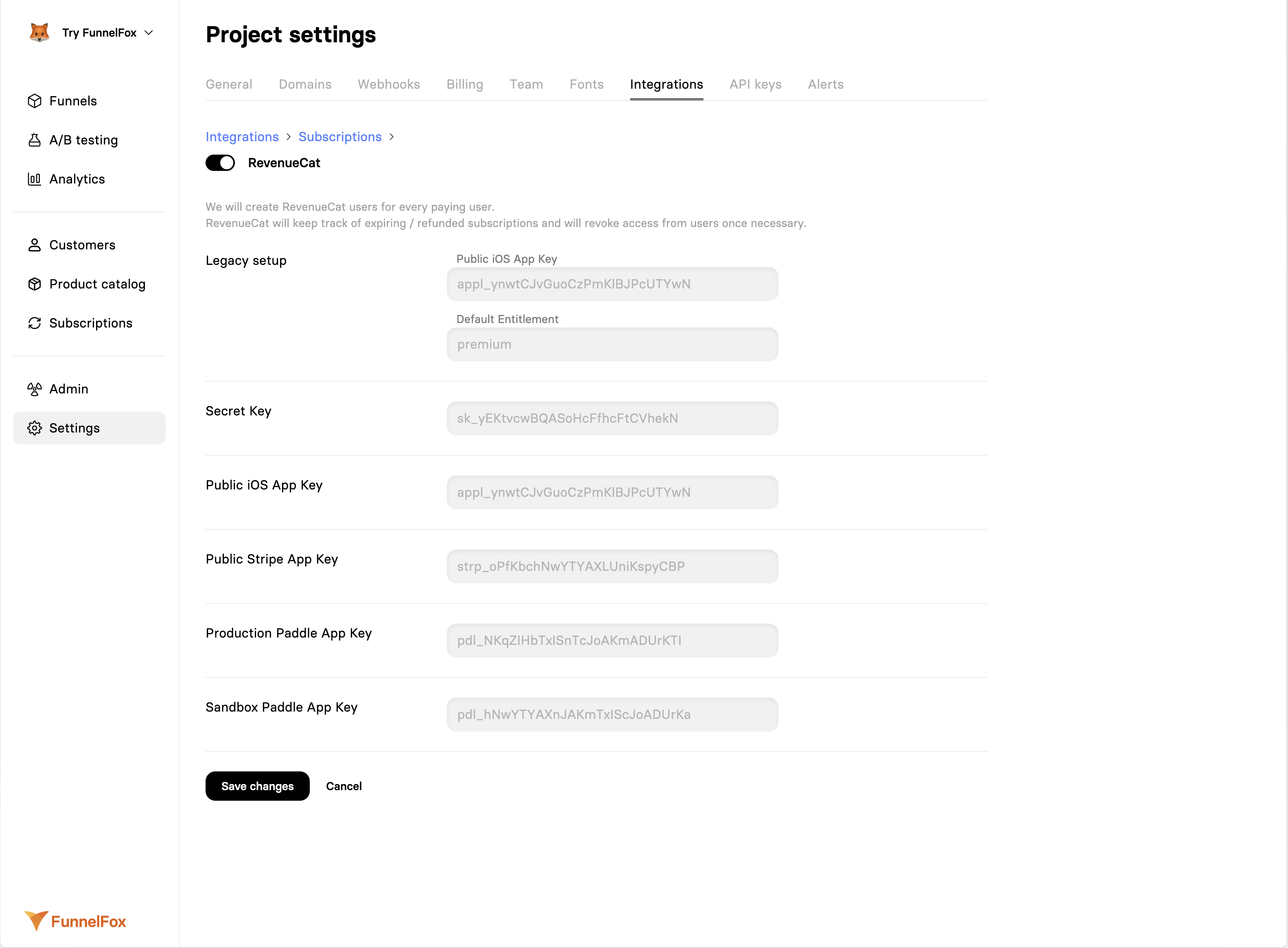 RevenueCat integration settings