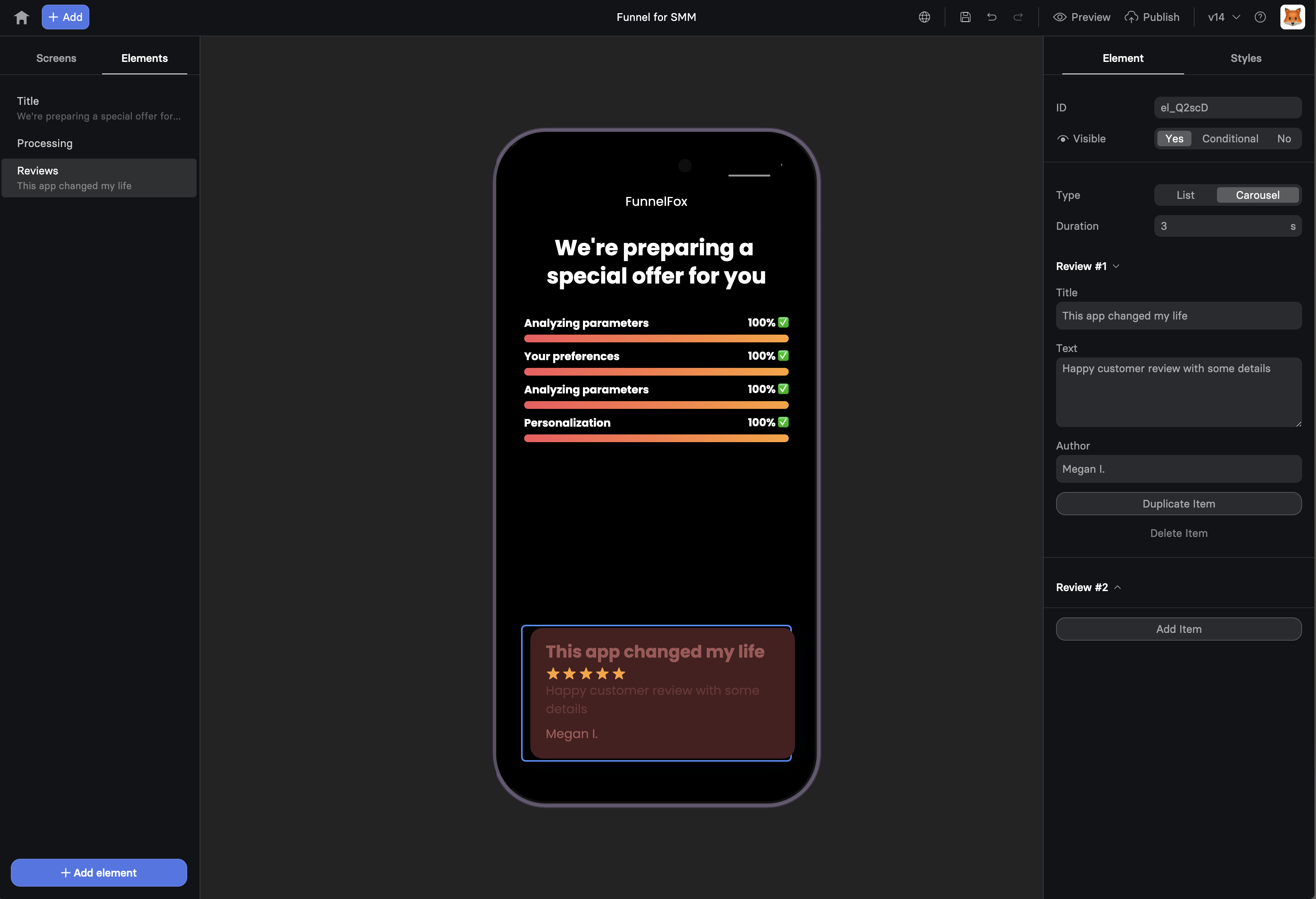 Reviews element configuration