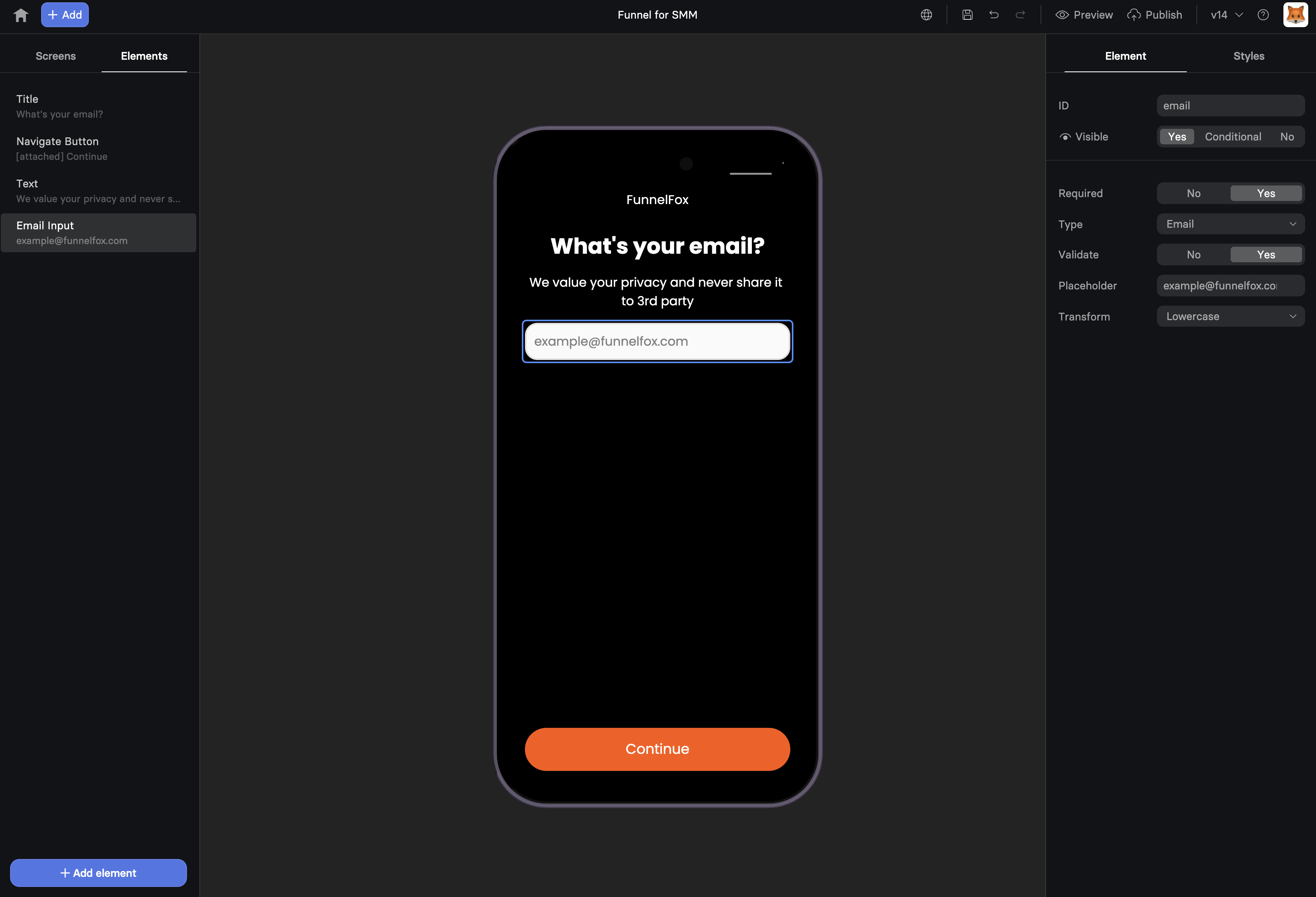 Text Input element configuration