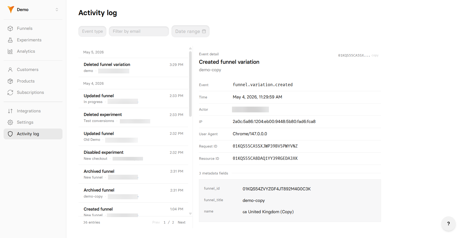 Activity log - FunnelFox