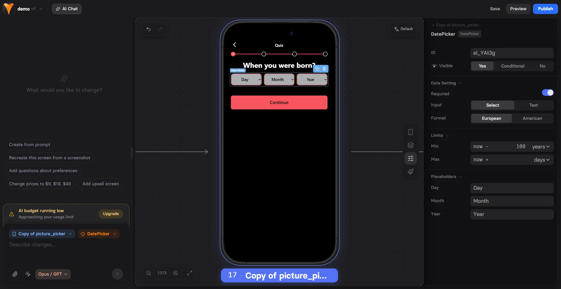Date Picker element configuration