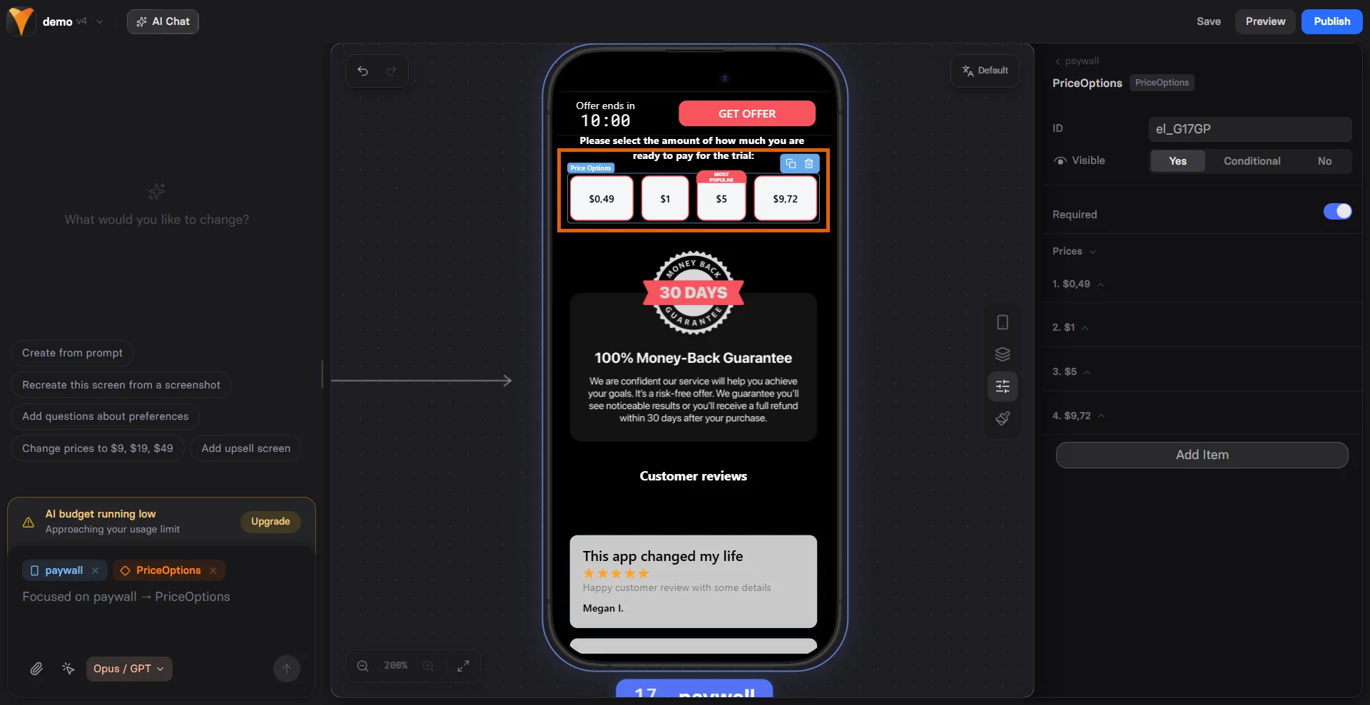 Price Picker element configuration