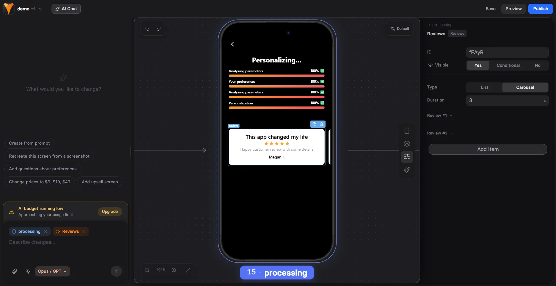 Reviews element configuration