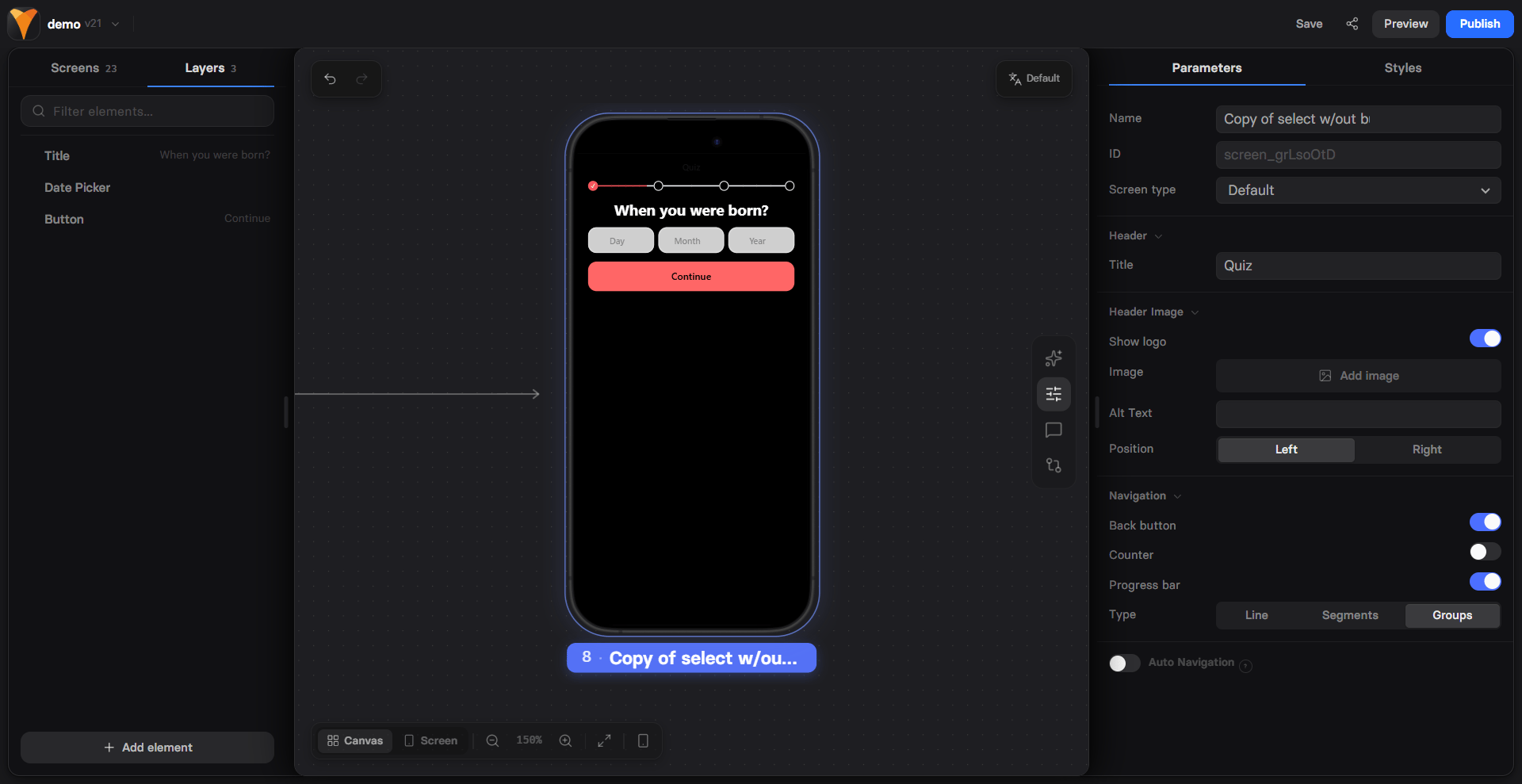 Date Picker element configuration