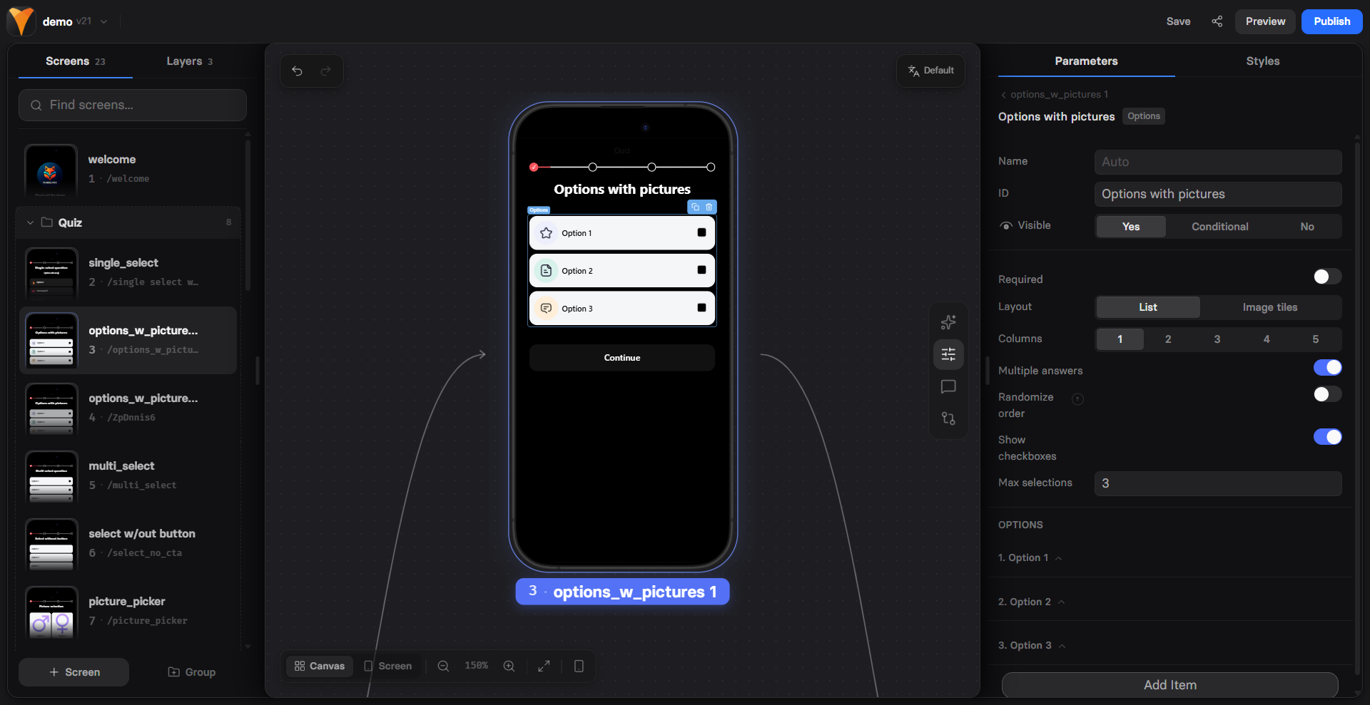 Options element configuration