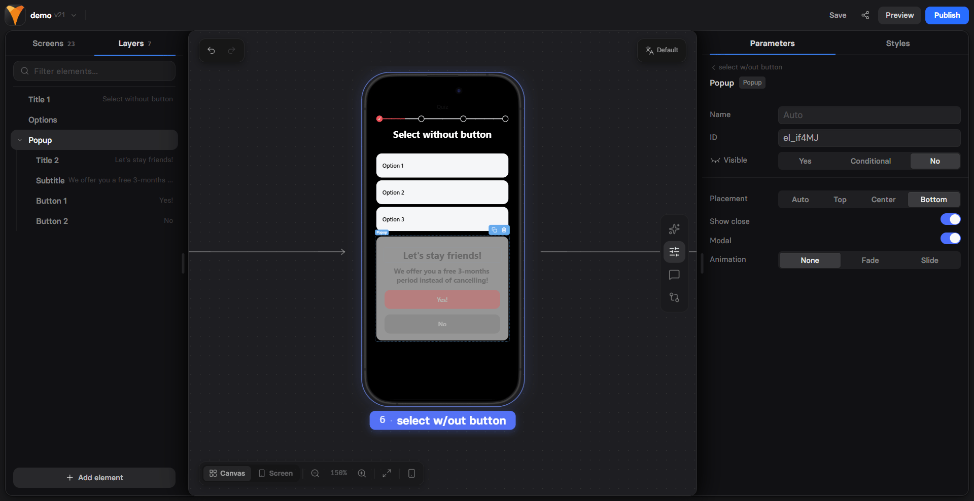 Popup element configuration