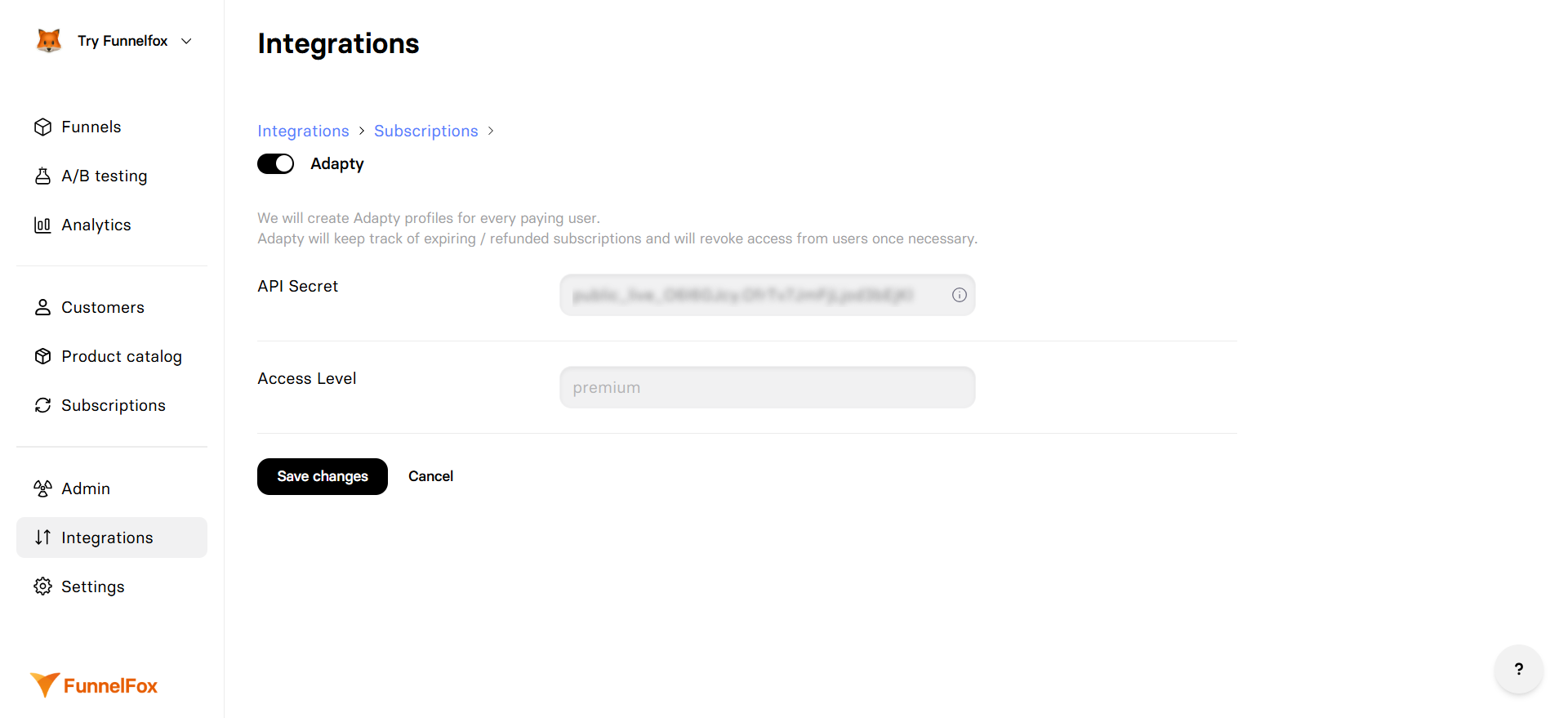 Adapty integration settings