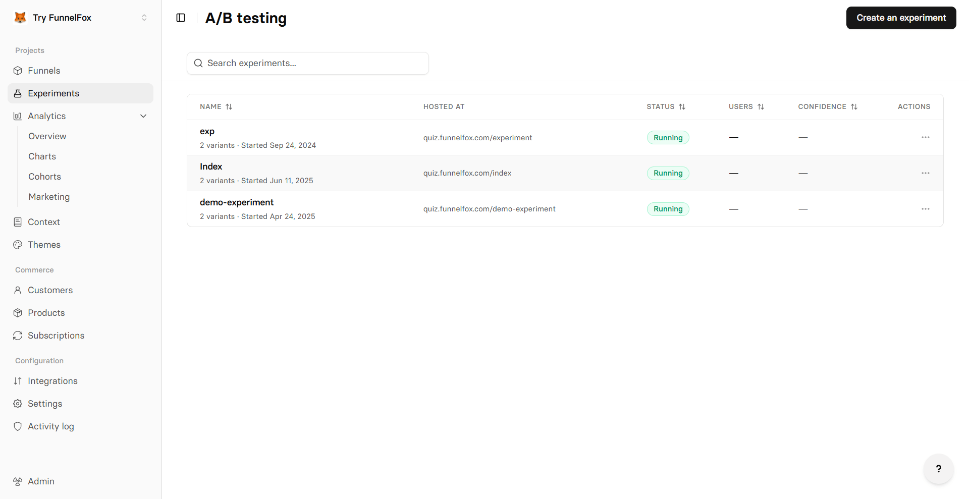 Experiments list in the FunnelFox dashboard