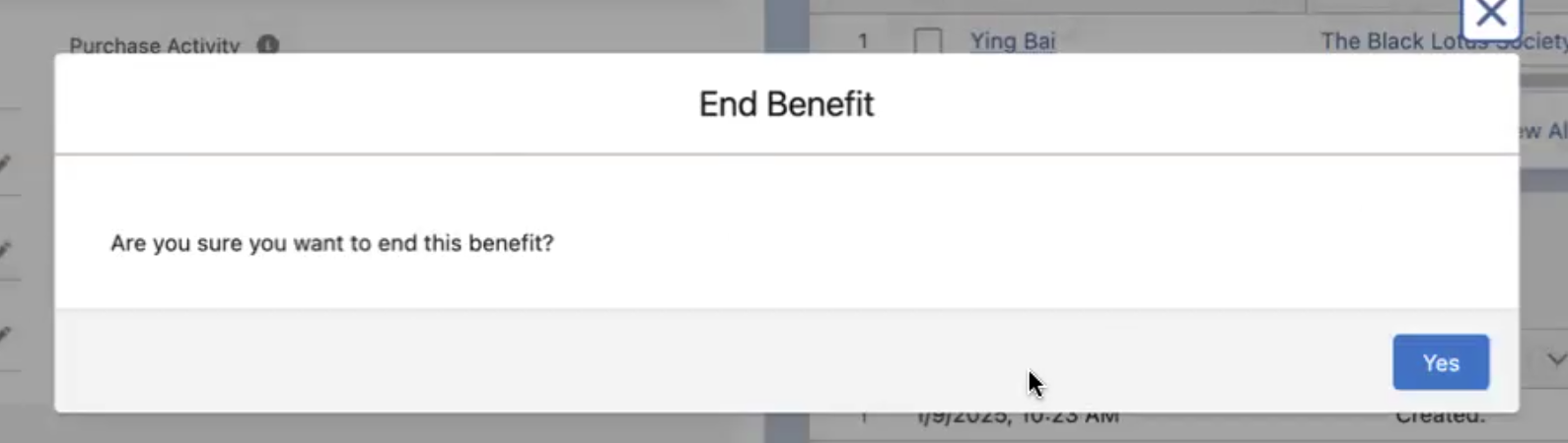 The End Benefit confirmation dialog