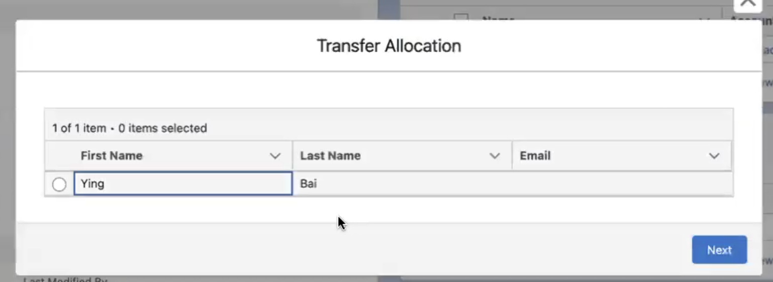The Transfer Allocation dialog with the list of individuals to transfer the benefit to