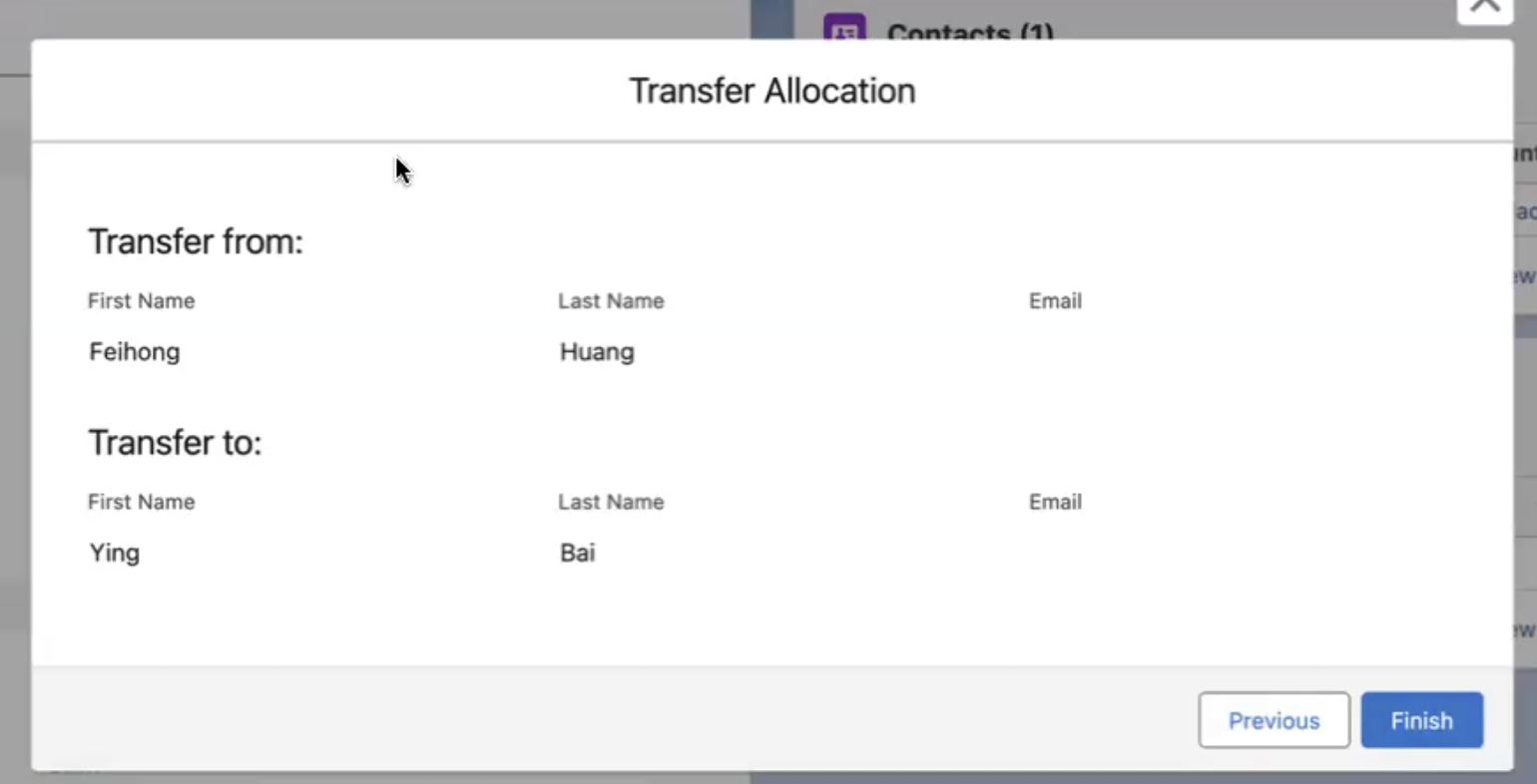 The Transfer Allocation confirmation screen showing the transfer details