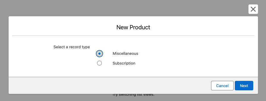 The record type selection dialog with Miscellaneous selected for a new Product